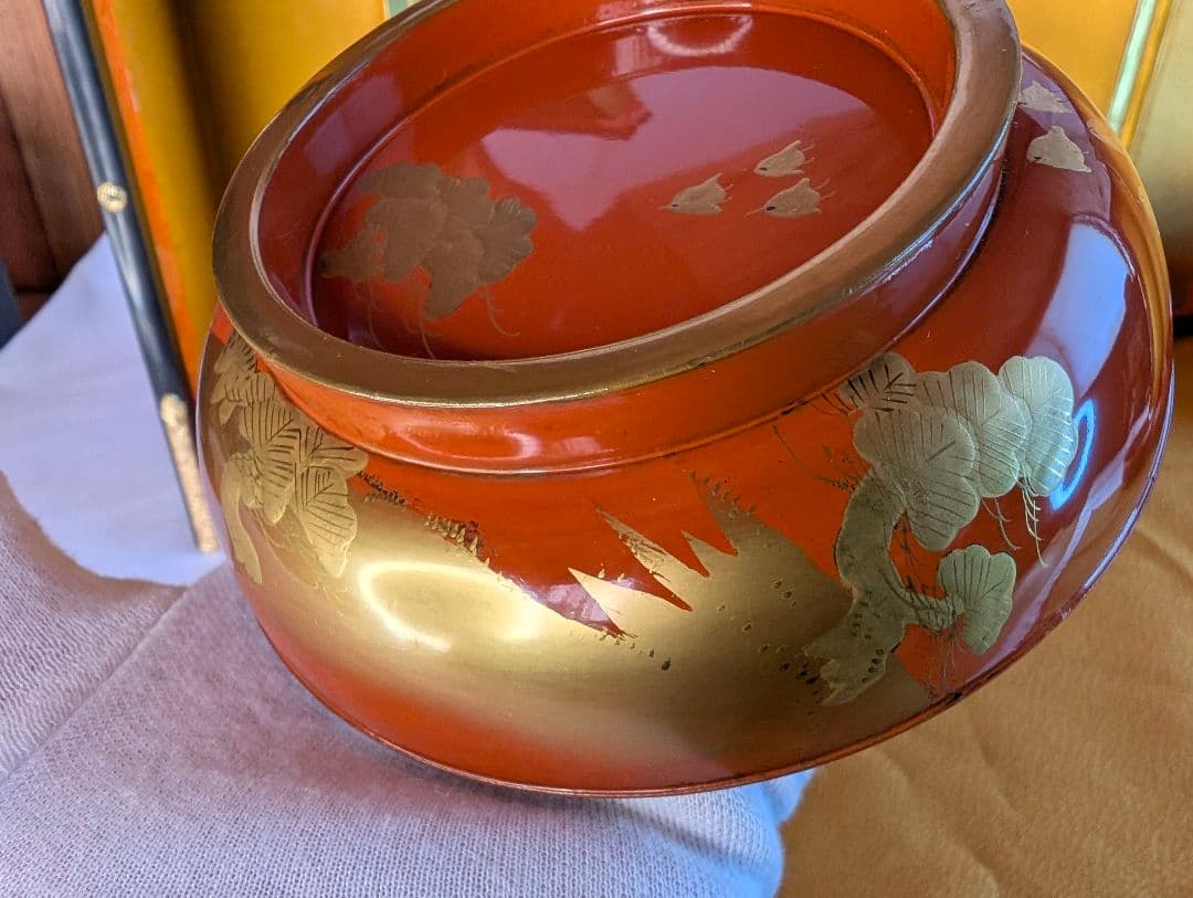 明治時代 輪島塗 金蒔絵 蓋付椀 波千鳥 3客 木製 汁椀 雑煮