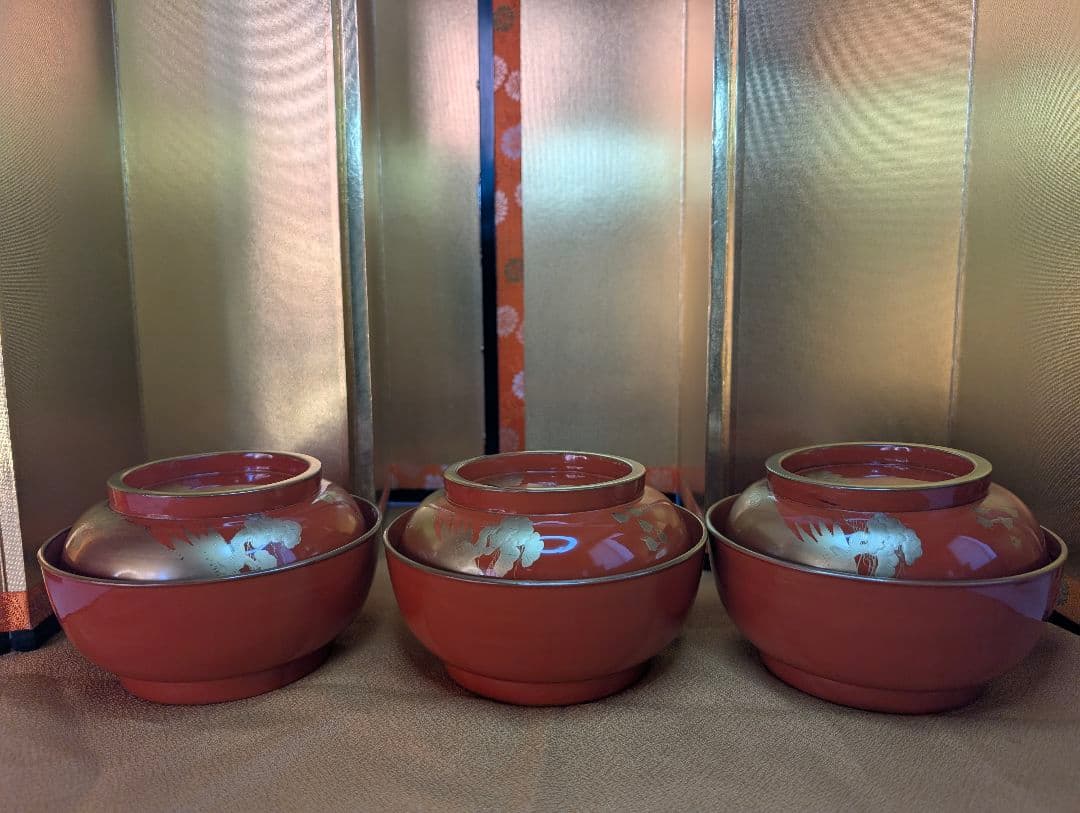 明治時代 輪島塗 金蒔絵 蓋付椀 波千鳥 3客 木製 汁椀 雑煮