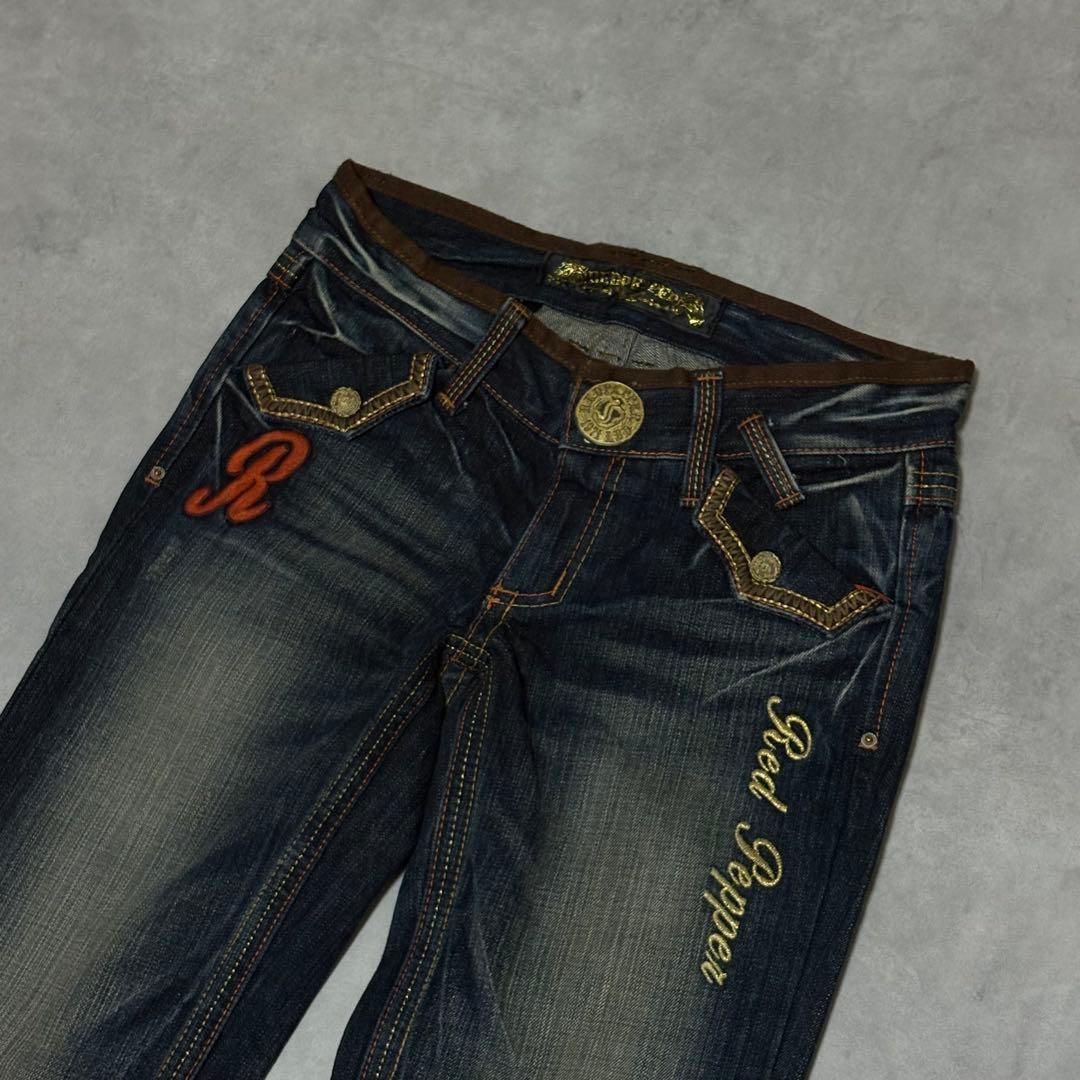 Y2K 00s ギャル レッドペッパー フレアデニム スタッズ刺繍 ヒョウ柄