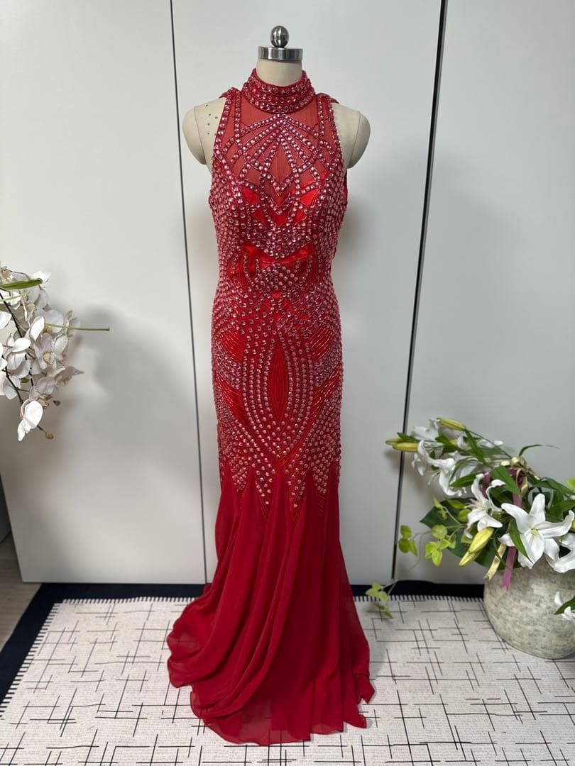 ビーズ装飾赤ハイネックドレス df163y6_1.jpg