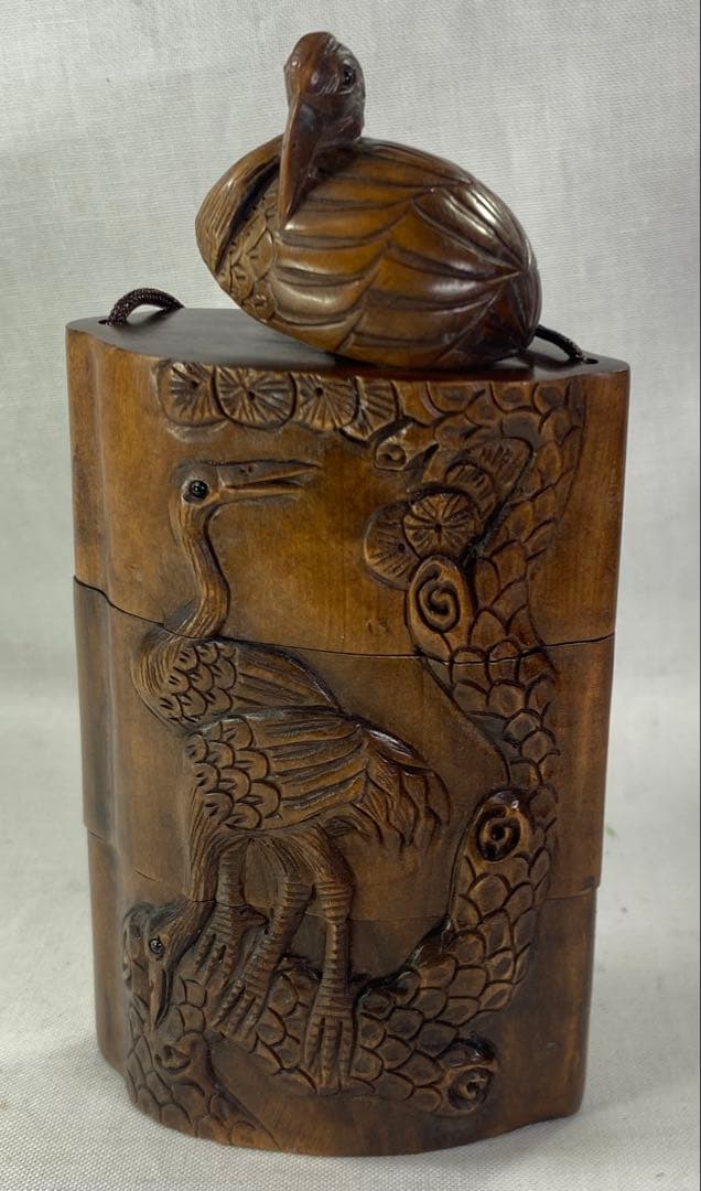 印籠　柘植　松鶴（とり）黄楊繊細彫刻　木製