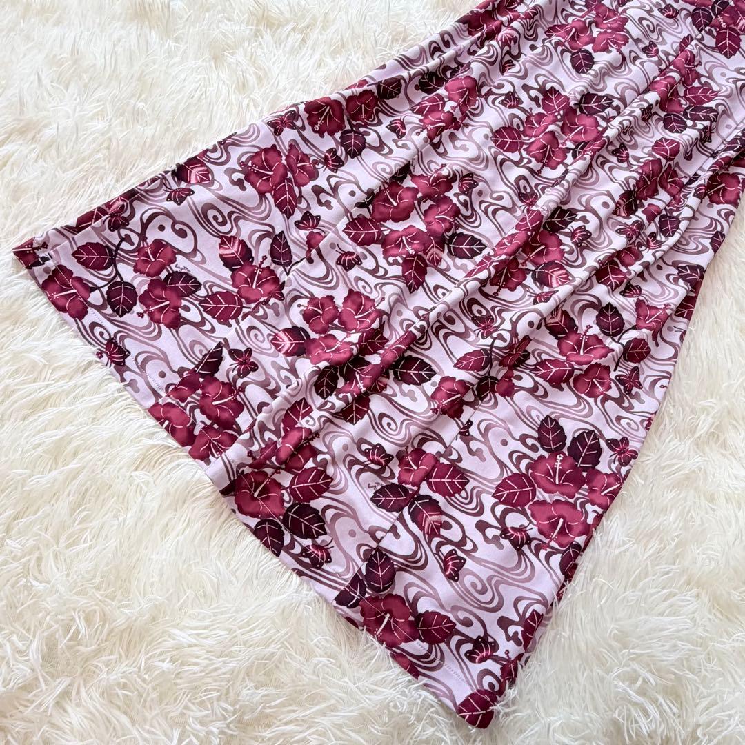 美品 9号 kayme ケイミー 紅ハイビスカス ツイストワンピ 花柄 ピンク