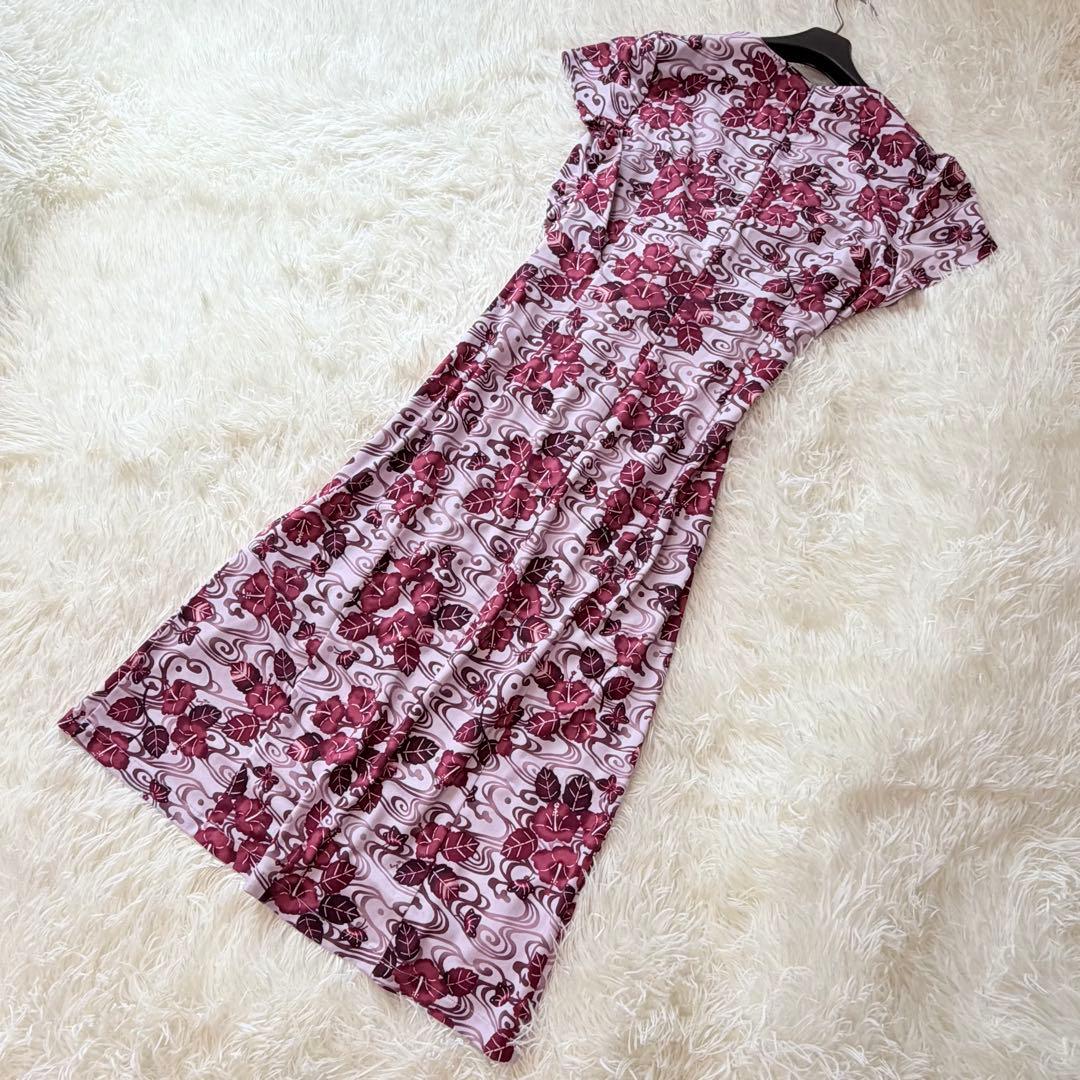 美品 9号 kayme ケイミー 紅ハイビスカス ツイストワンピ 花柄 ピンク