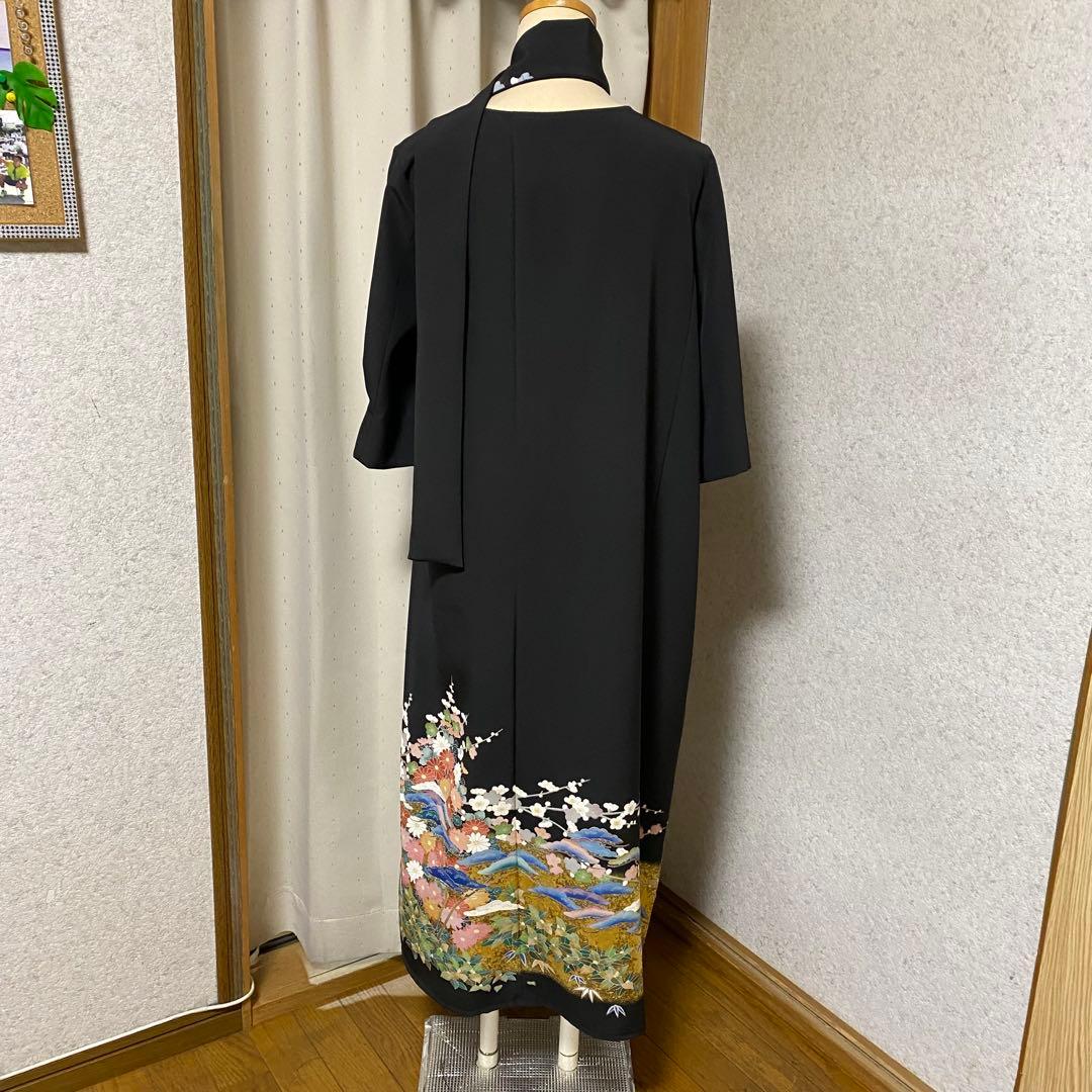 《LL 118cm》黒留袖リメイク 京友禅 七分袖ワンピース