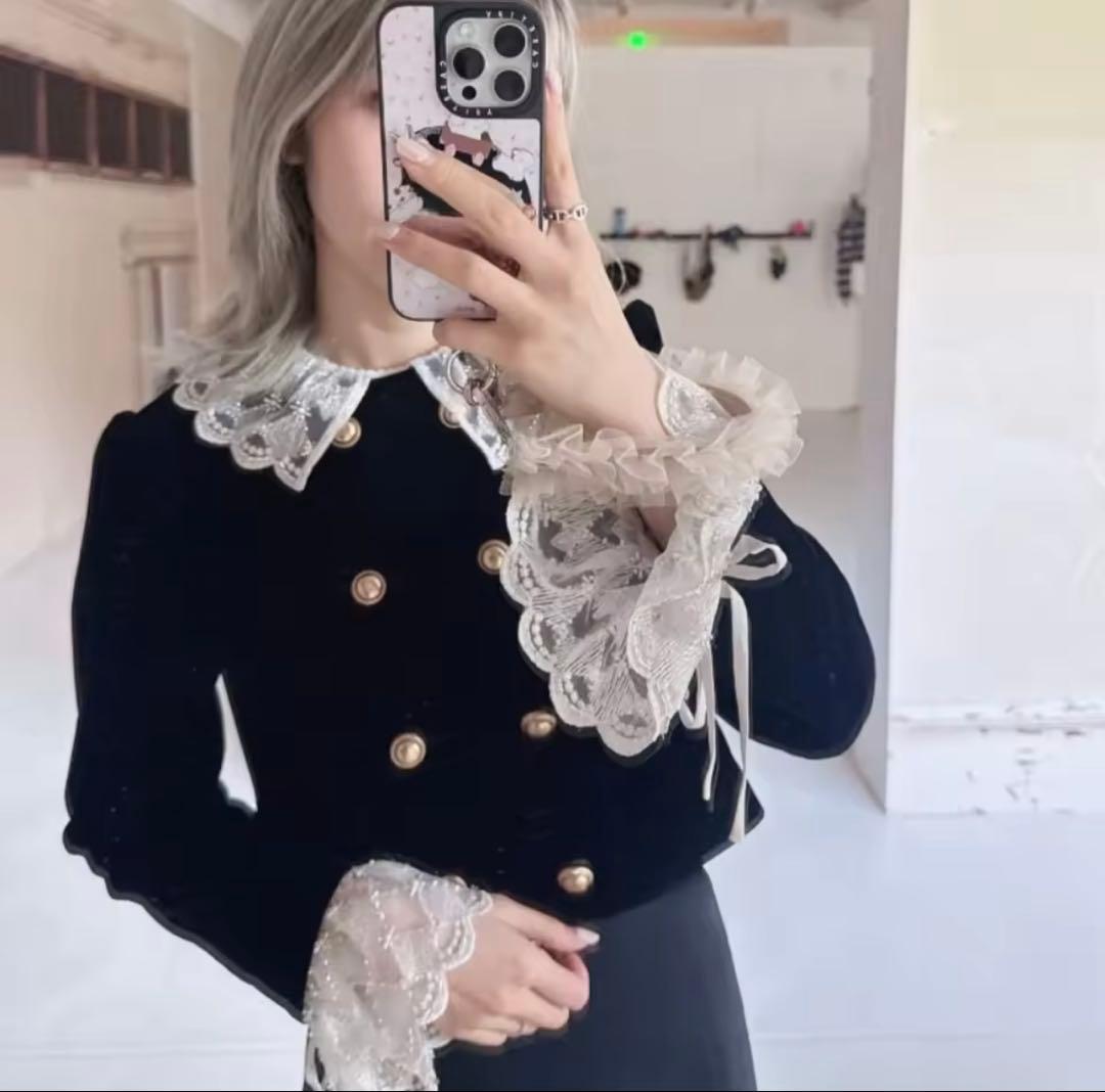 スカラップビジューアタッチドジャケット　リリーブラウン ブラック　チェック L.B CANDY STOCK]スカラップビジューアタッチドジャケット(ジャケット