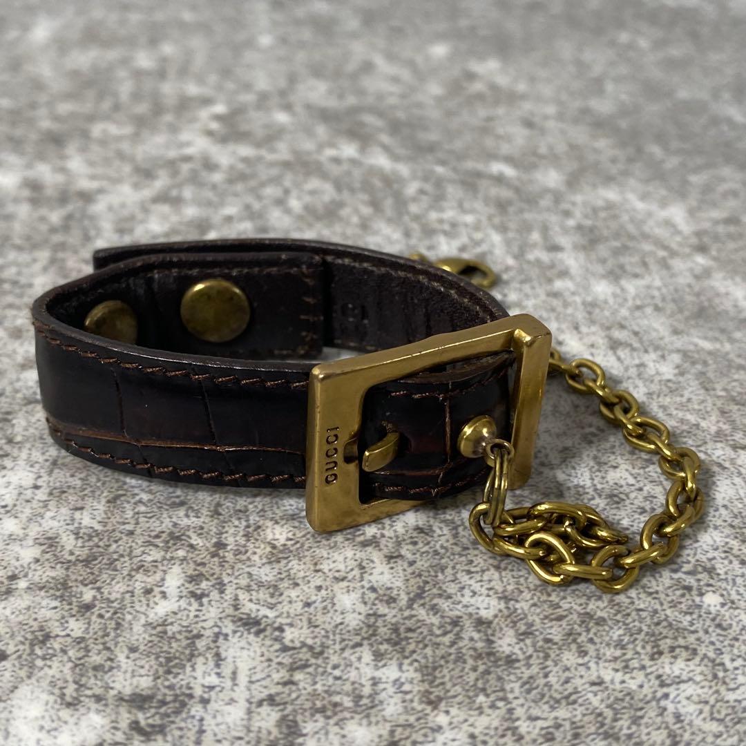GUCCI グローブホルダー レザー クロコ型押し ブレスレット ブラウン