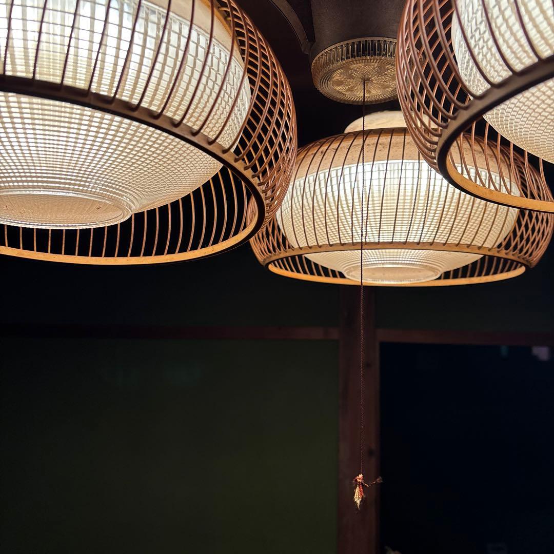 小*k様 昭和レトロ 和風ペンダントライト 3灯 竹×ガラス調 引き紐 旅館