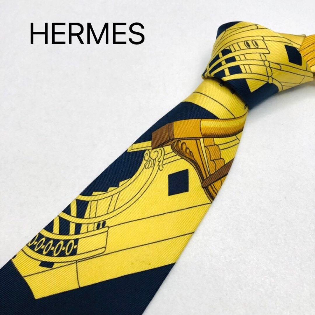HERMESエルメス ネクタイ スカーフ柄イエロー 高級シルク100% - メルカリ