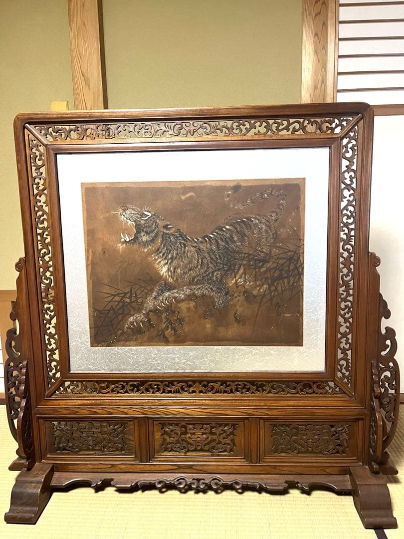 衝立 金に虎と松の絵 和風衝立 間仕切り アンティーク 年代物