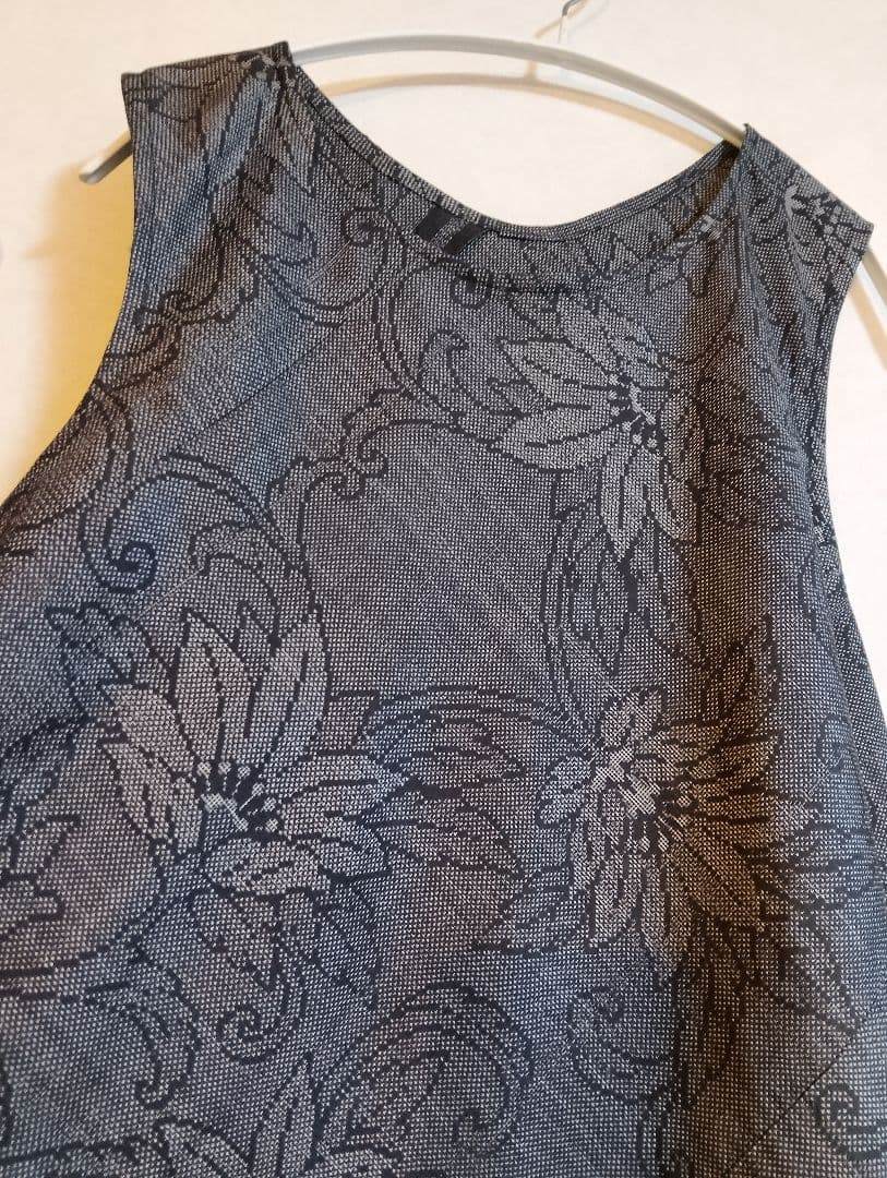 着物リメイク☆大島紬フレアーワンピース☆グレー花柄正絹☆ストール