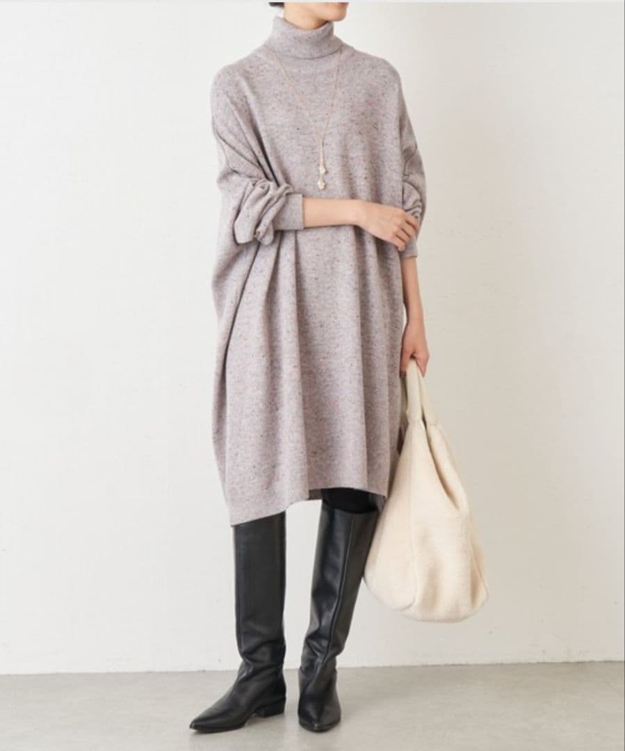 ビアズリー カラーネップ ビッグタートルネックニットワンピース M~L