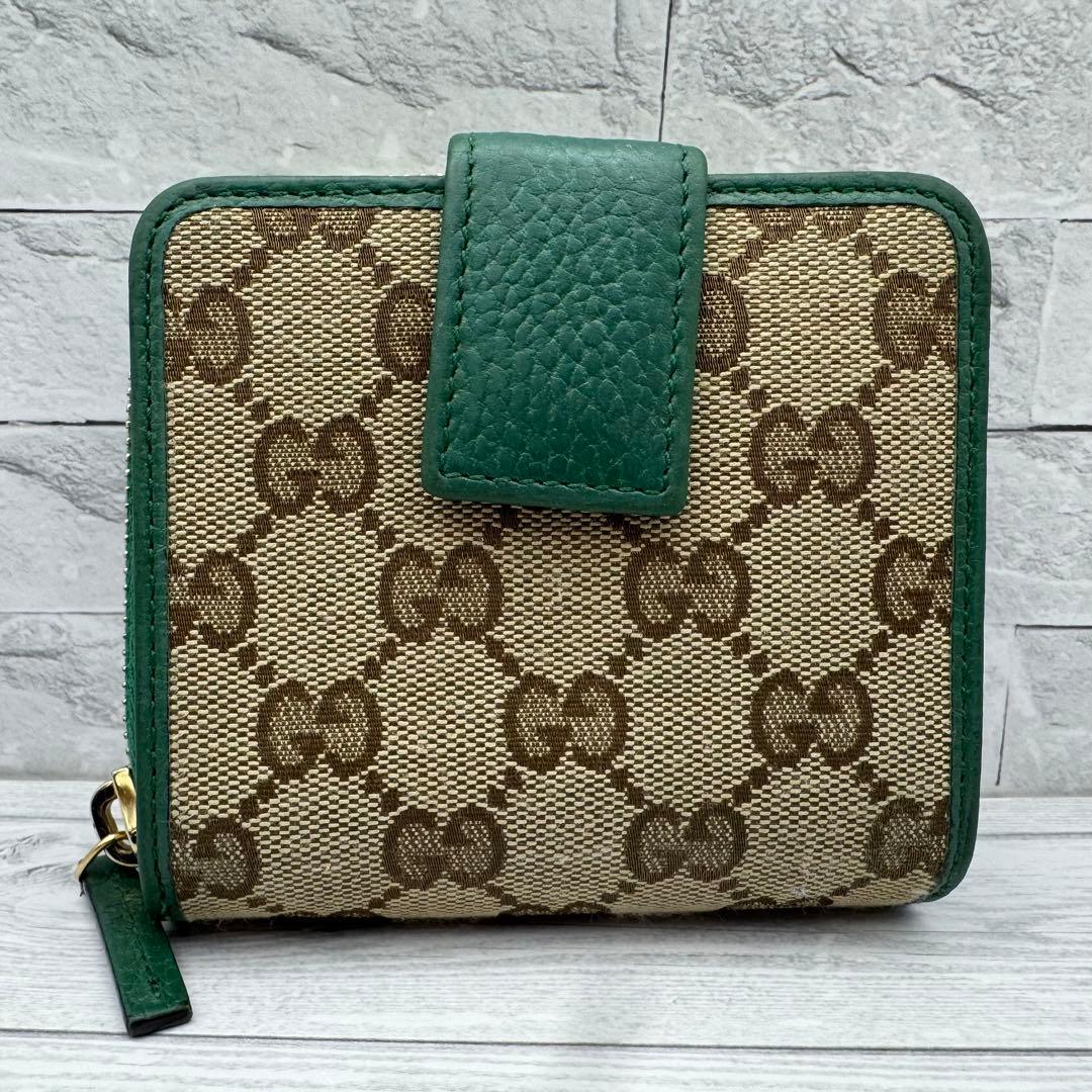 美品】GUCCI 二つ折り財布 ラウンドジップ GG柄 キャンバス グリーン