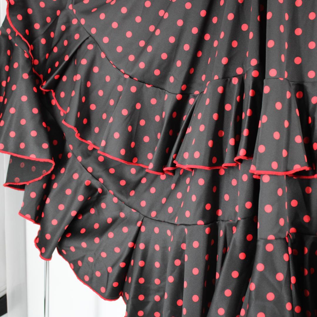 美品 フラメンコ衣装】ブラック ワンピース ドレス レッド ドット 水玉