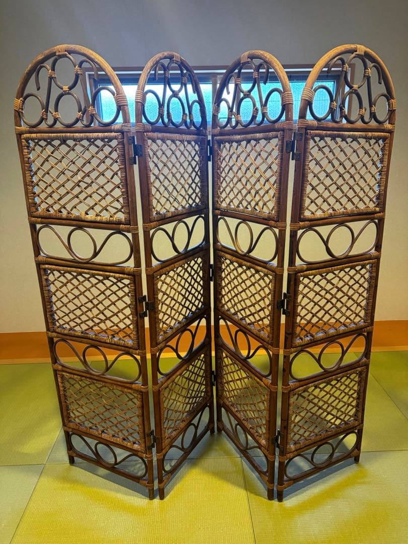 ラタン 4連 パーテーション 間仕切り 衝立 レトロ - メルカリ