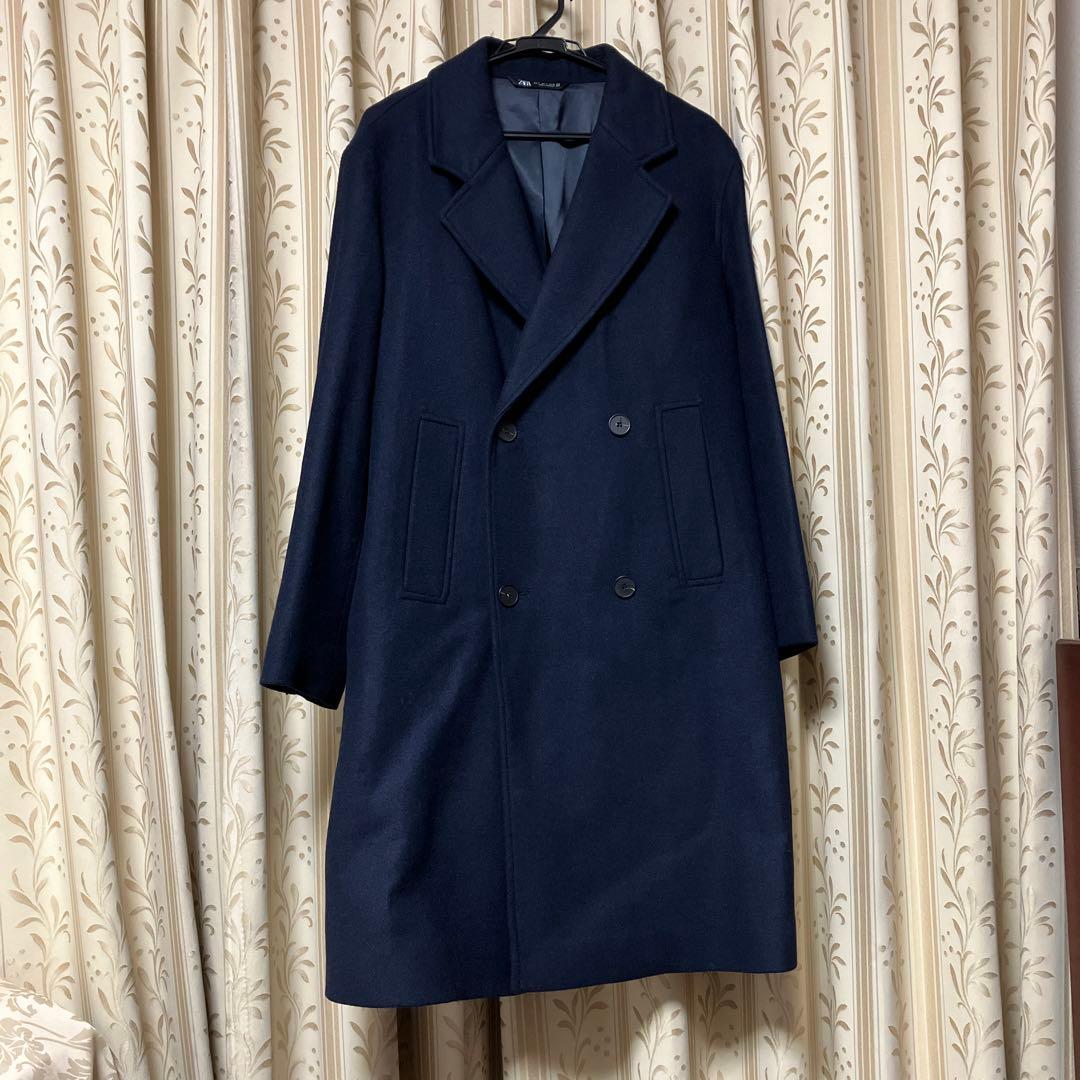 ZARA ザラ ダブルブレストウールブレンドコート ネイビーブルー S