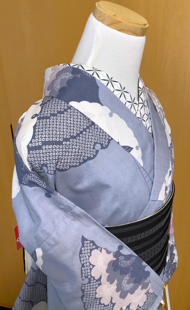 着物8撫松庵牡丹絞り柄浴衣ブルーグレー綿身丈162弱裄丈67.5