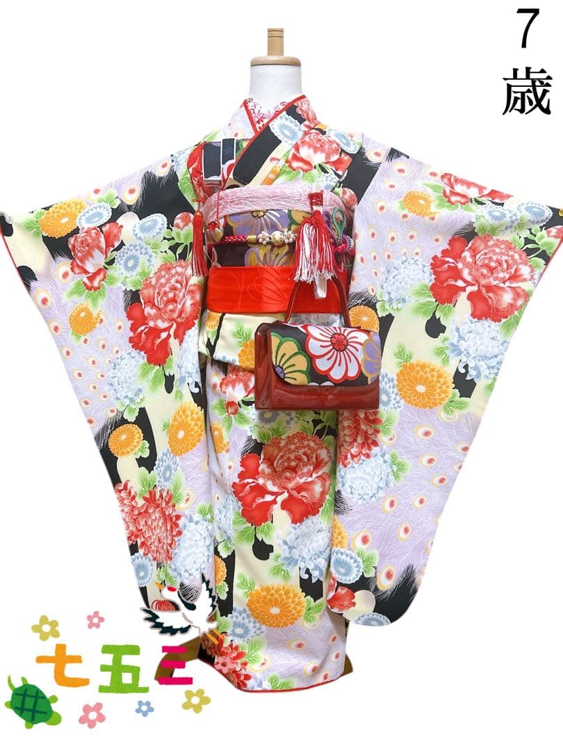 個性派フルセット♡七五三　7歳　女の子　一式　黒系　赤 七五三 着物 7歳 レンタル フルセット 女の子 箱迫セット 赤 7歳 貸