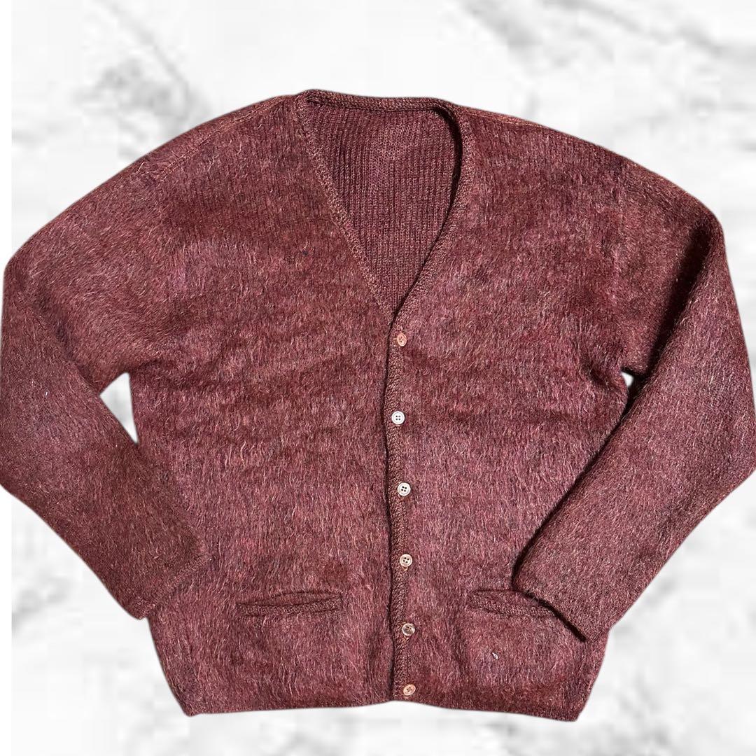 60s モヘアカーディガン 赤色 L グランジ ヴィンテージ　毛足長め 美品☆毛足長☆肉厚☆L☆60s DIPLOMAT ヴィンテージモヘアカーディガン