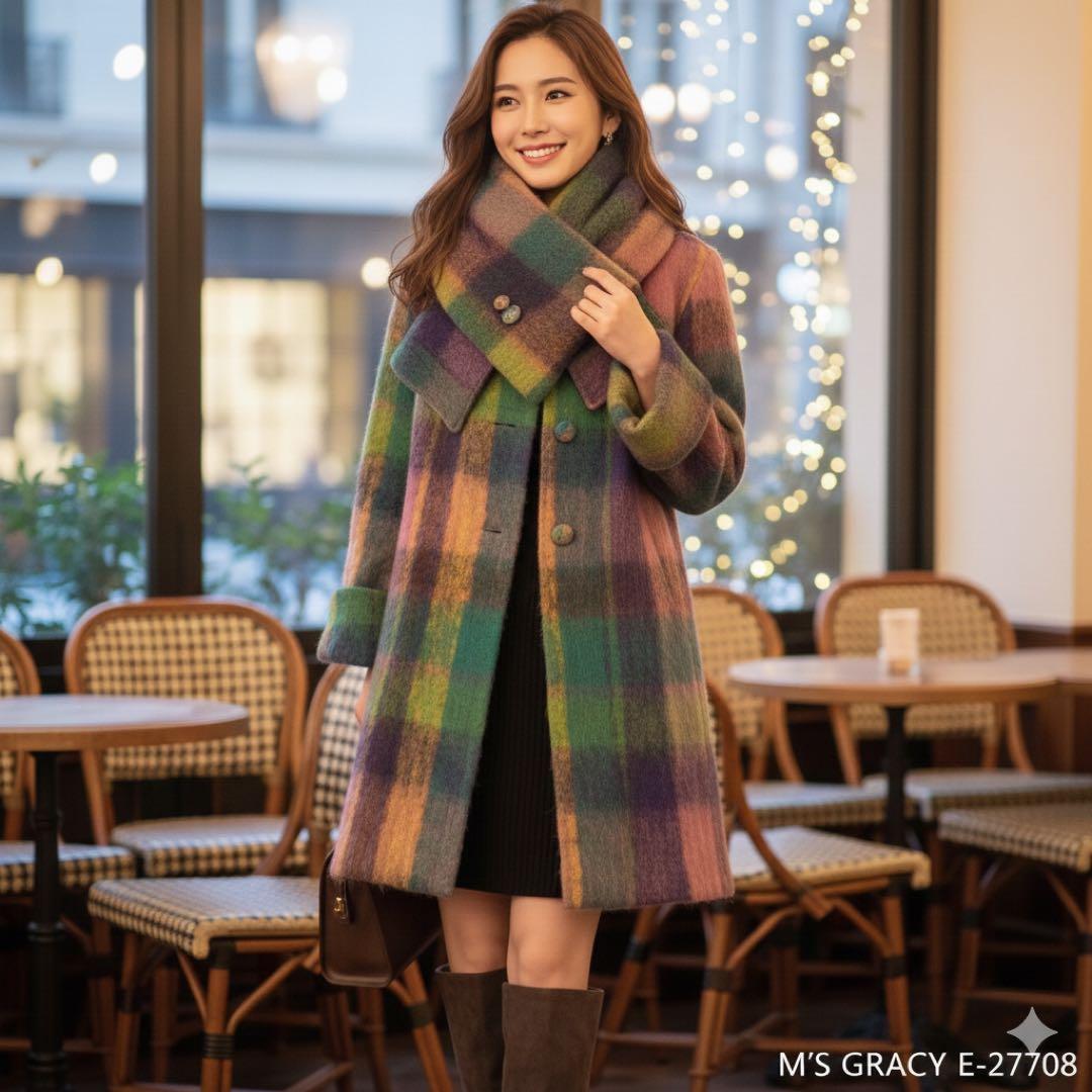 希少品! エムズグレイシー シャギーチェックコート くるみボタン