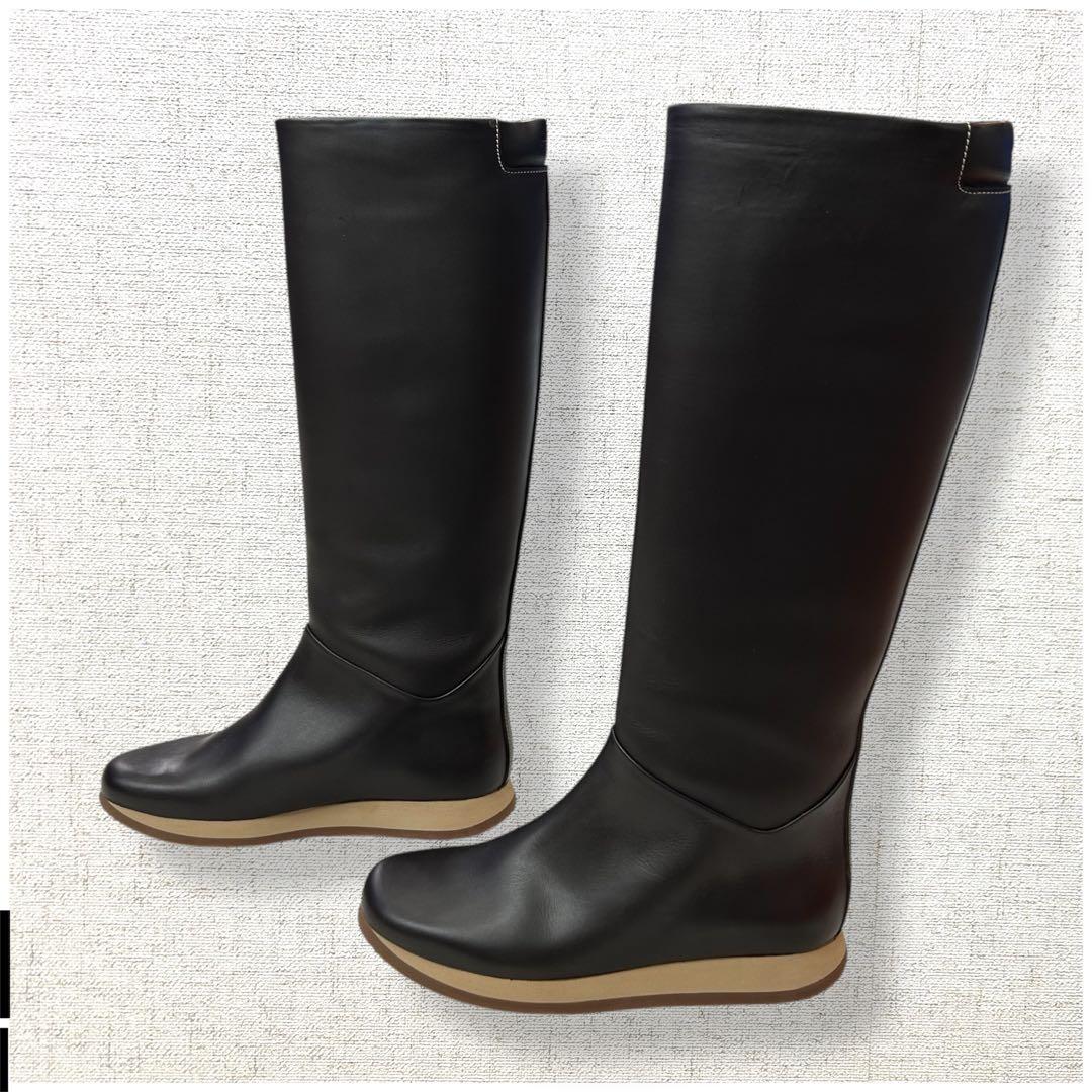 未使用級 ロゴ刻印 HERMES ロングブーツ レインブーツ オールレザー 37