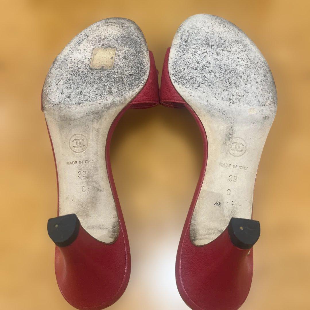 CHANEL レザーリボンミュール レッド サンダル 39 - メルカリ
