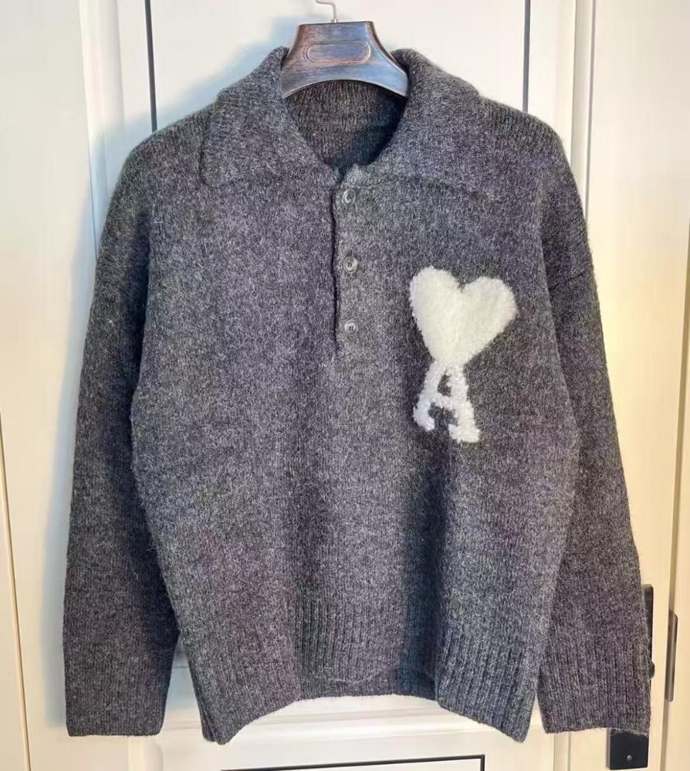 ami parisグレー ウールポロシャツ AMI PARIS HEATHER GREY / BLACK Grey Wool Ami De Coeur Polo | AMI PARIS