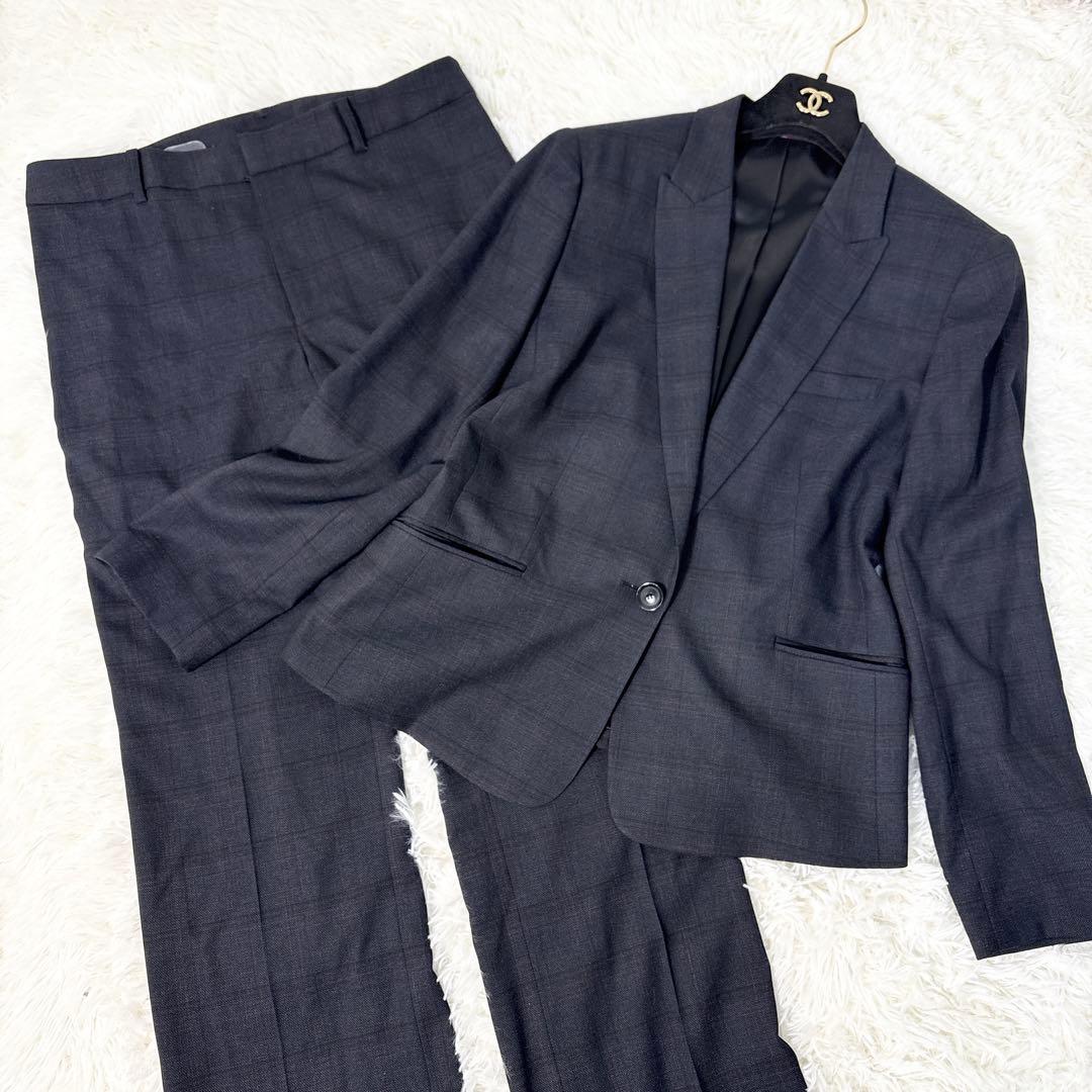 ひとちゃん LES MUES レミュー パンツスーツ チェック 洗える 着回しクロススーツ LES MUES スリム 紺グレンチェック【AOKI