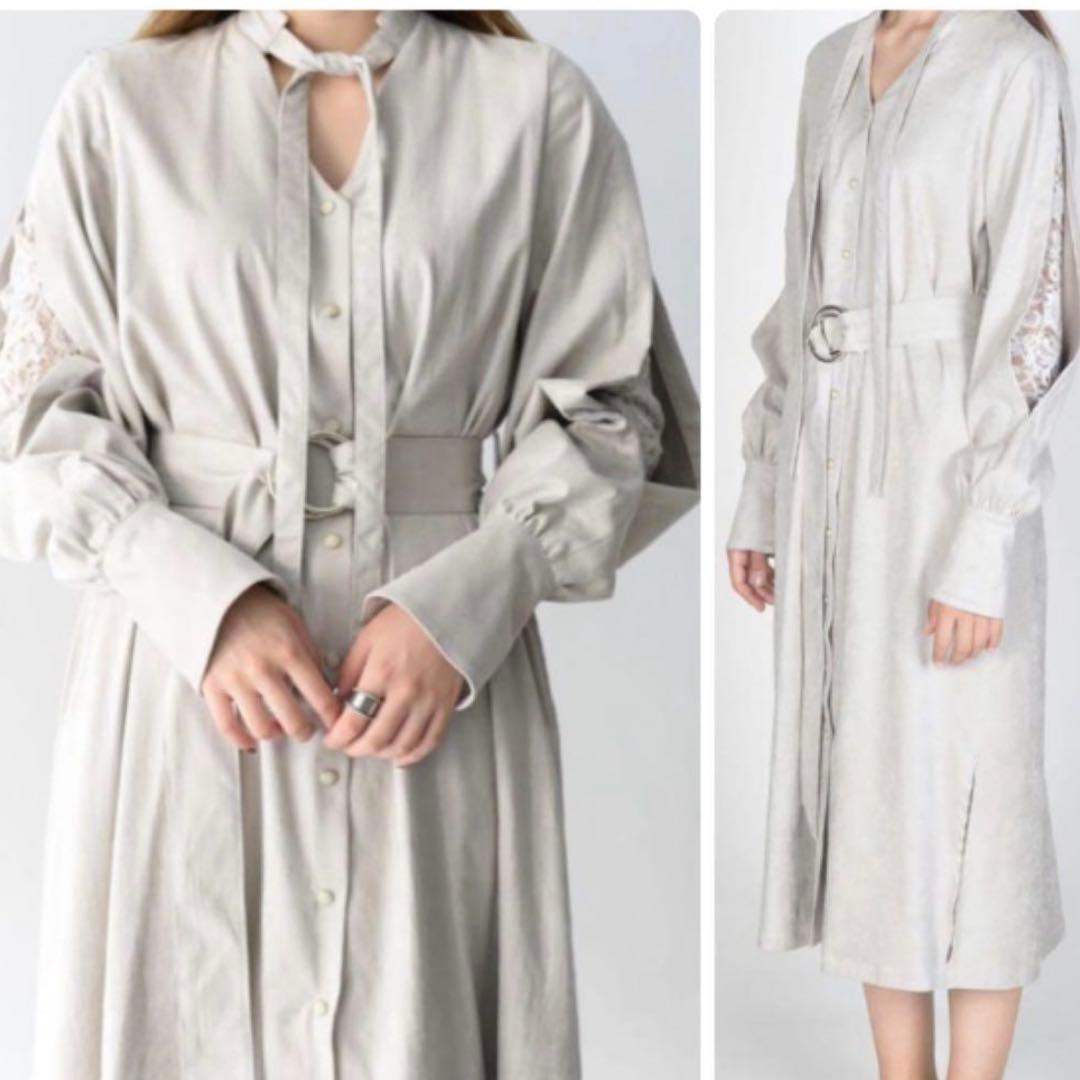 美品✨】ミューラル 袖レース ベルト付 ボウタイロングワンピース