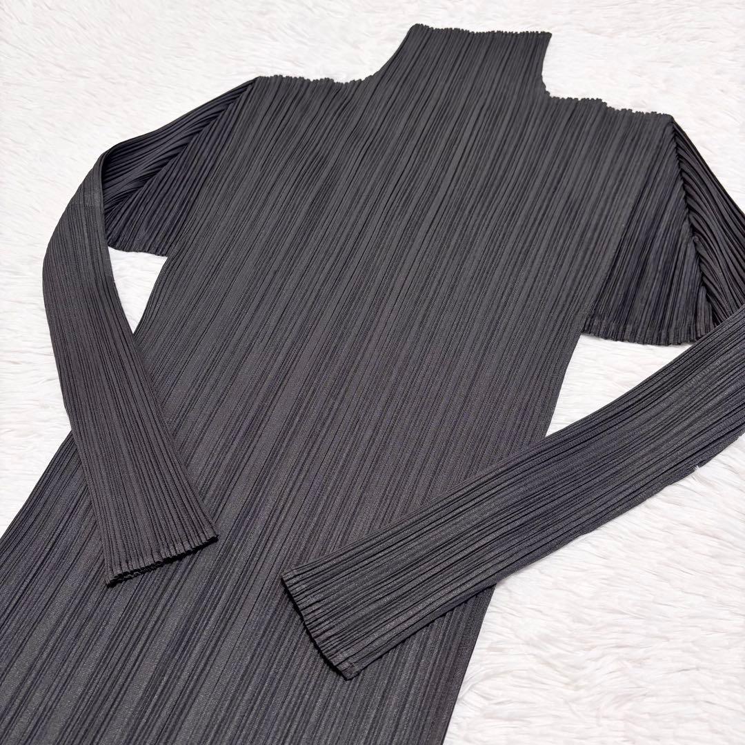プリーツプリーズ ロングワンピース 長袖 ハイネック ダークグレー