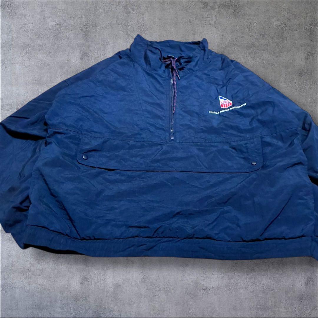 激レア】90s香港製Swimmingアノラックパーカー刺繍ロゴネイビーS古着