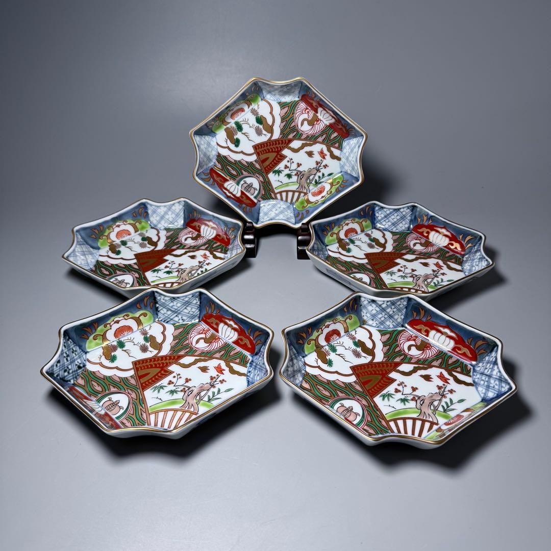 古伊万里風 冨貴長春 色絵鶴亀松竹梅文変形皿 五客 料理屋 古器を