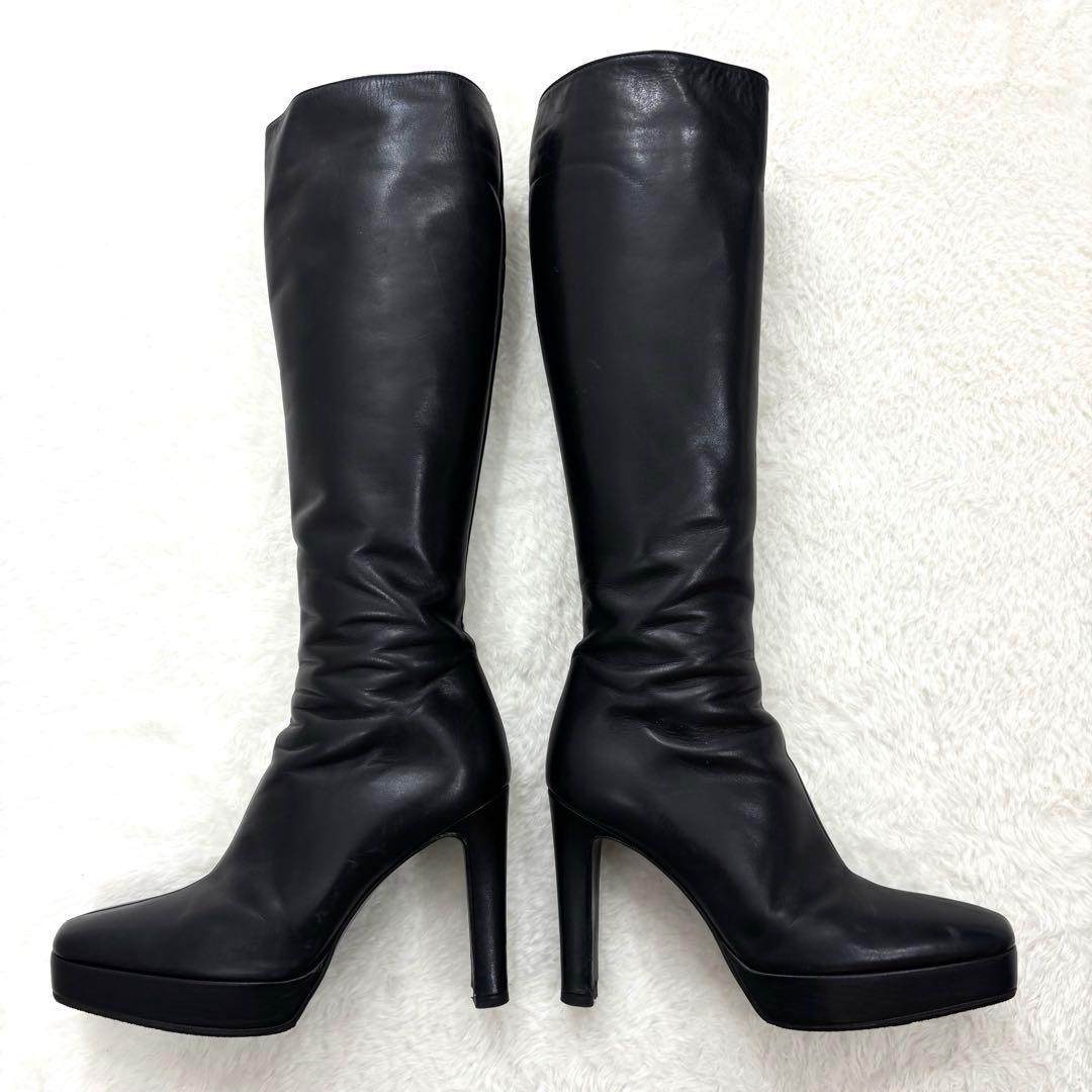 グッチ　ロング ブラック レザー ブーツ　厚底　22.5〜23.0cm　本革