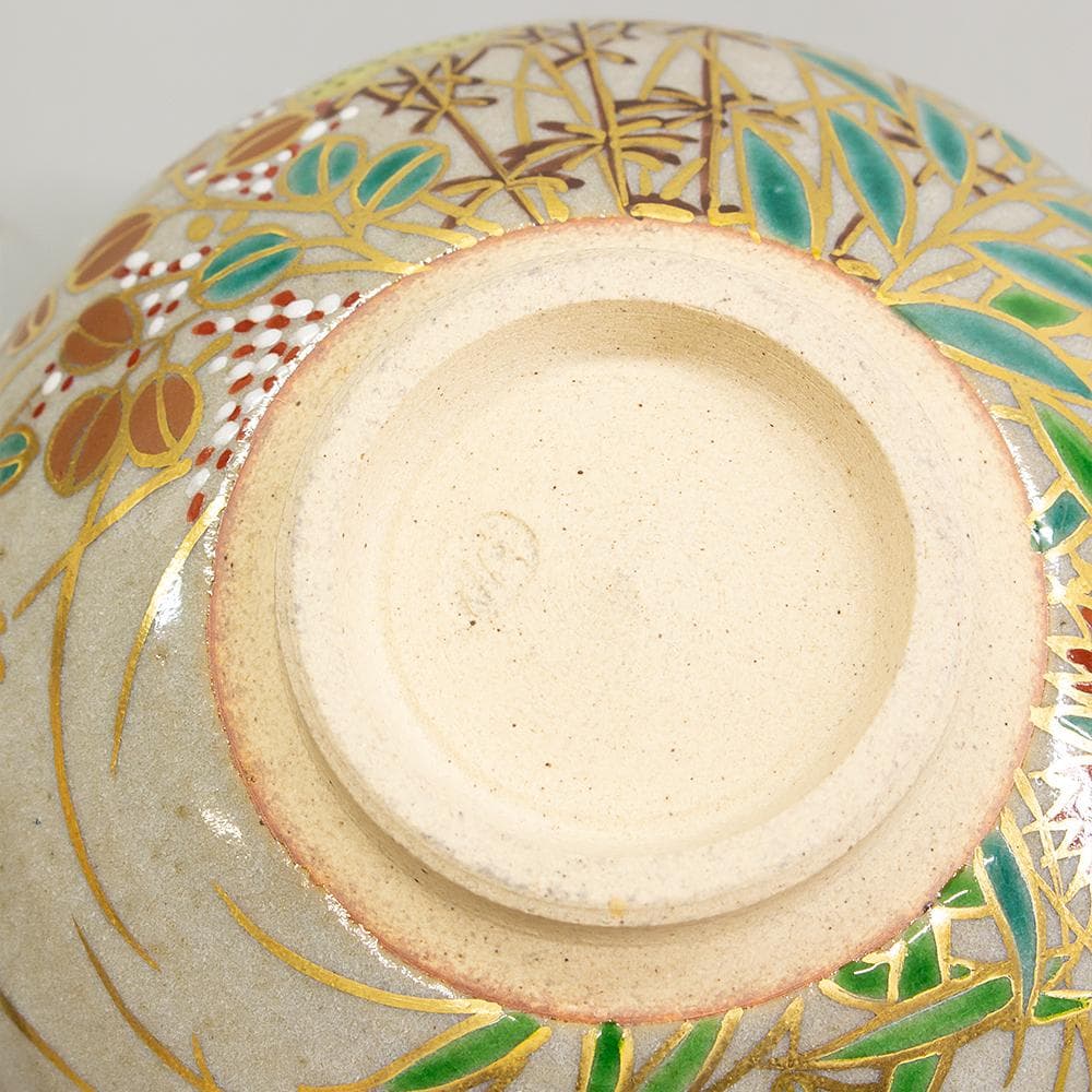 膳所焼 窯元 陽炎園 造 淡海ぜぜ 色絵秋草茶碗 共箱 茶道具 抹茶