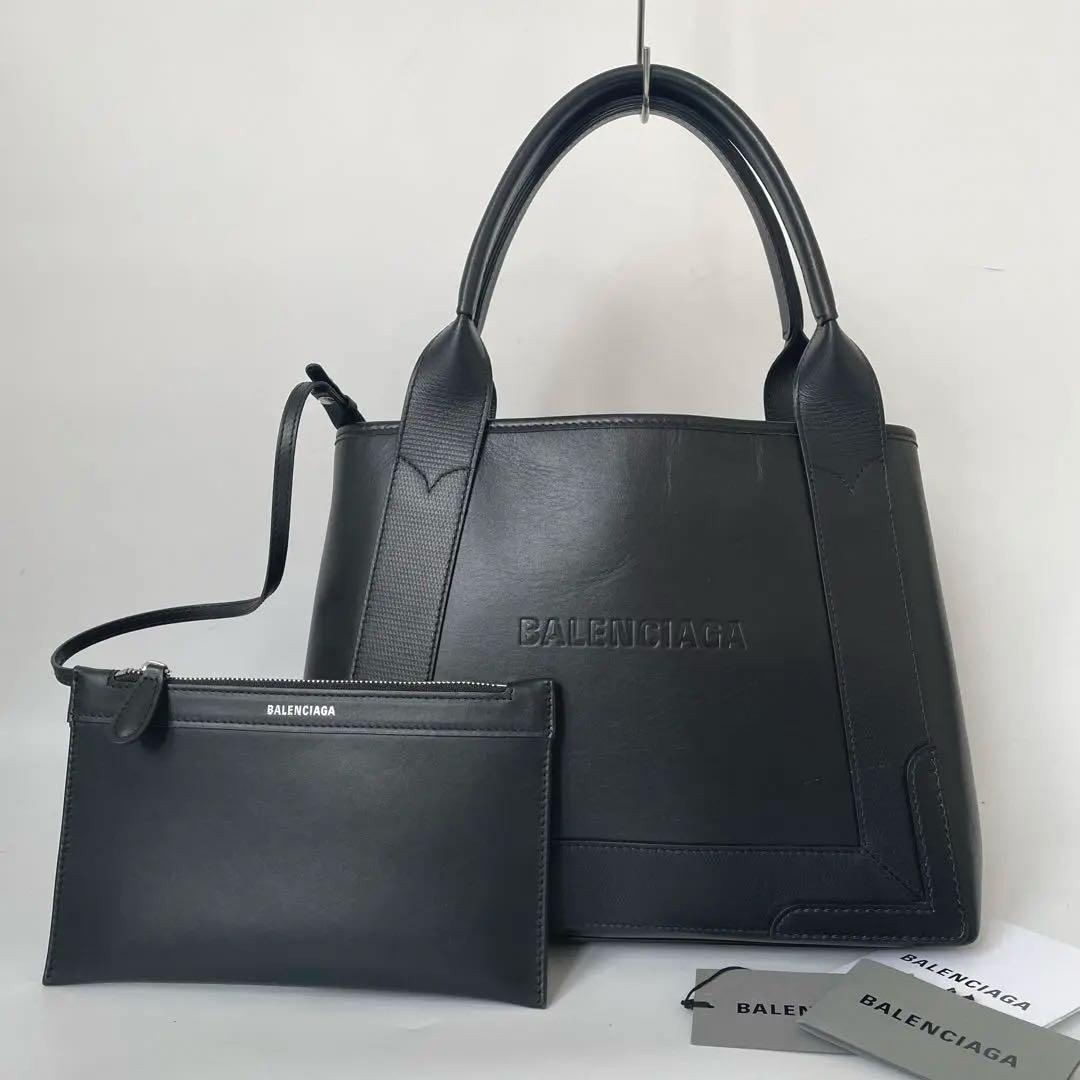 未使用級】バレンシアガ ネイビーカバス S エンボスロゴ オールレザー