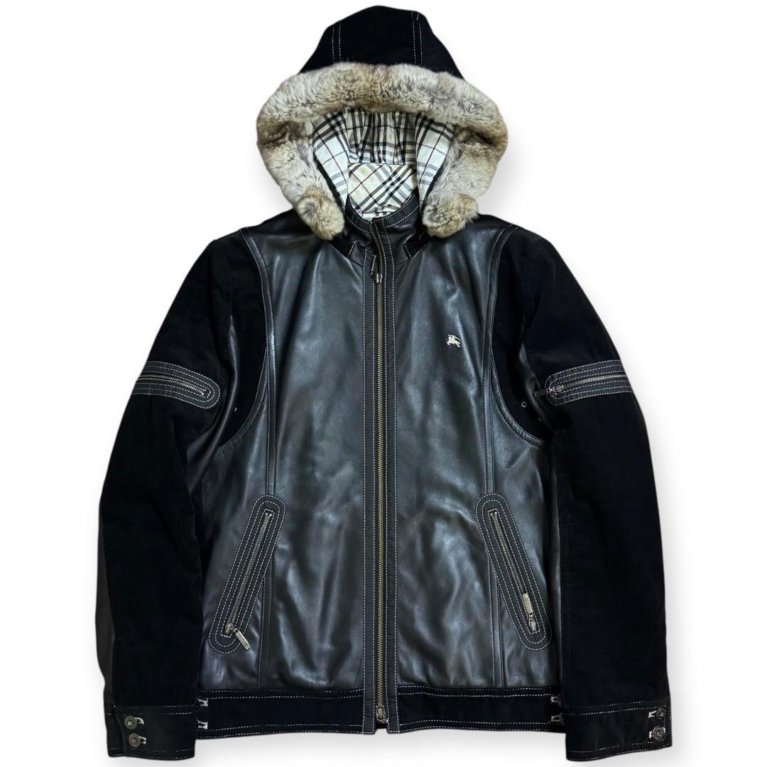 バーバリーブラックレーベル ファー付 ノバチェック レザージャケット M 中古・古着通販】BURBERRY BLACK LABEL (バーバリーブラックレーベル