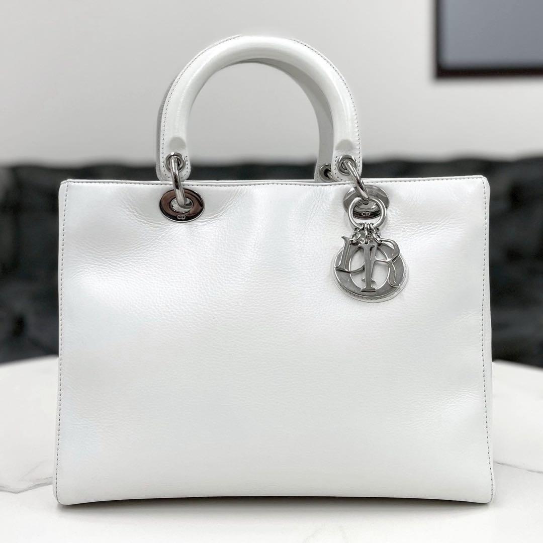 ディオール レディディオール ラージ 白 レザー ハンドバッグ - メルカリ