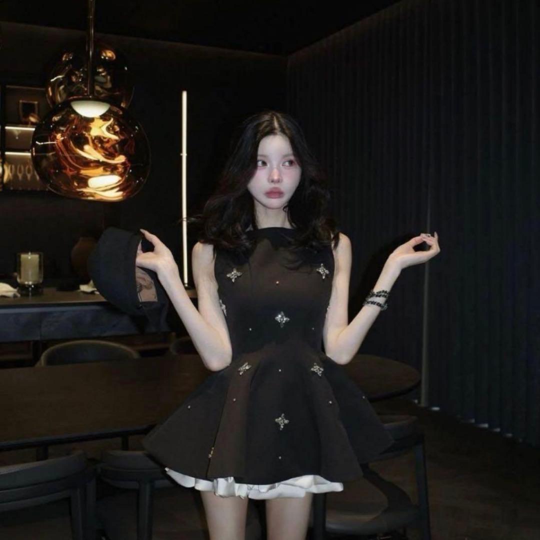 新品タグ付 ダーリッチ ビジューフレアバルーンミニドレス FL ブラック