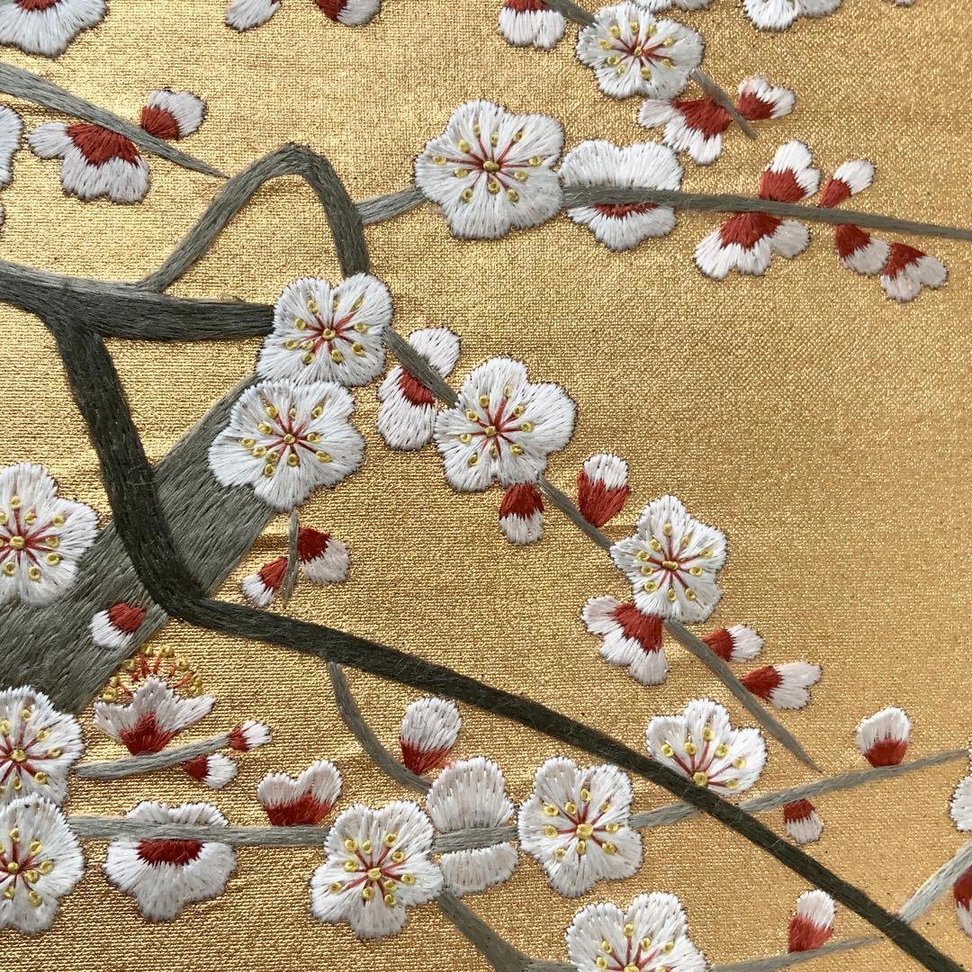 きらめく扇面に刺繍の白梅 袋帯 リメイク バンブーハンドルバッグ 浅型