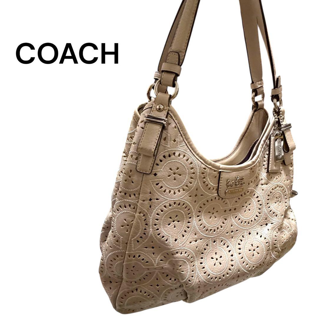 COACH コーチ レザー パンチング ホーボーバッグ ピンクベージュ 美品 中古・古着通販】COACH (コーチ) ショルダーバッグ ピンクベージュ