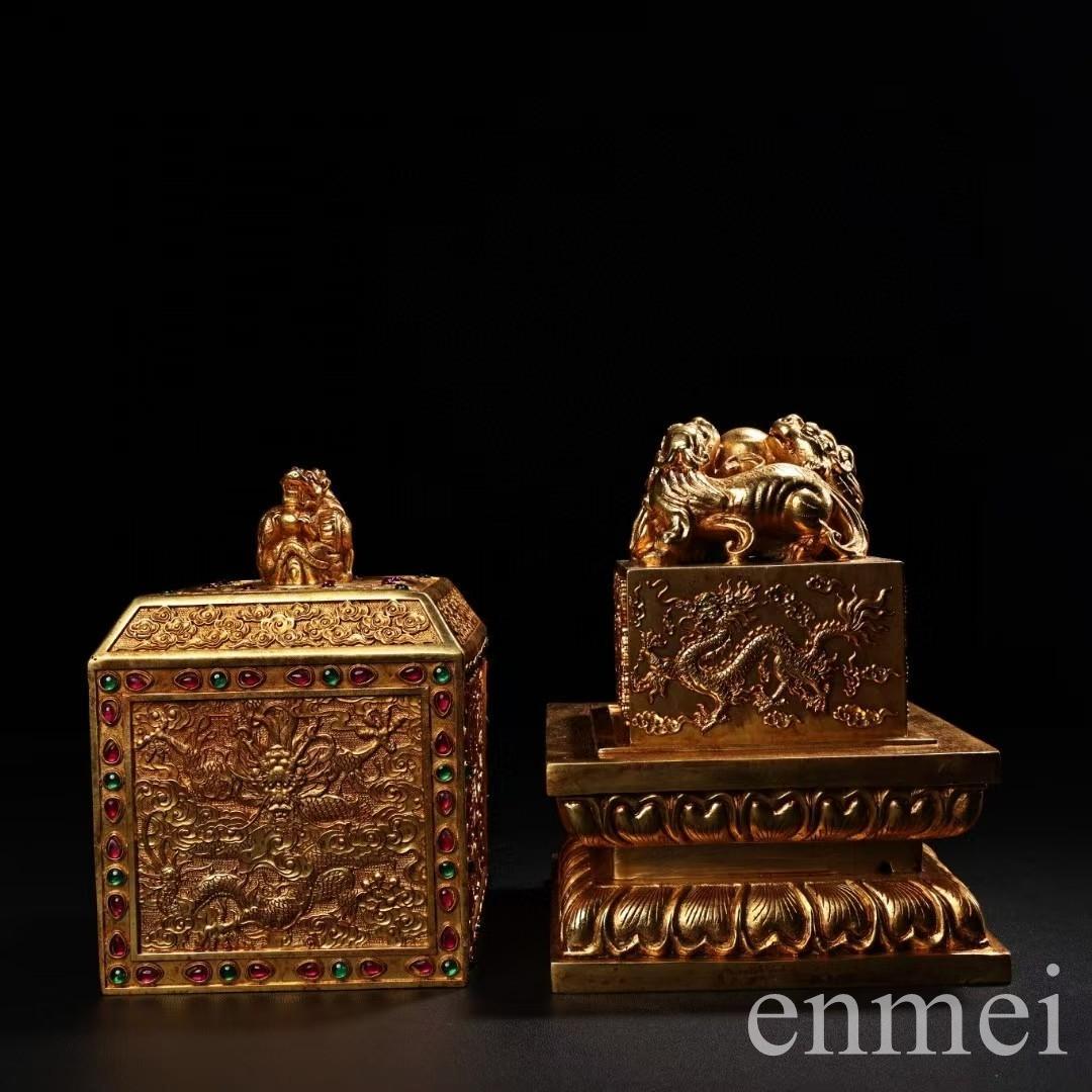 中国古美術・旧蔵鏨刻鎏金の龍印鑑玉璽・純銅製・高浮彫・置物・書道具