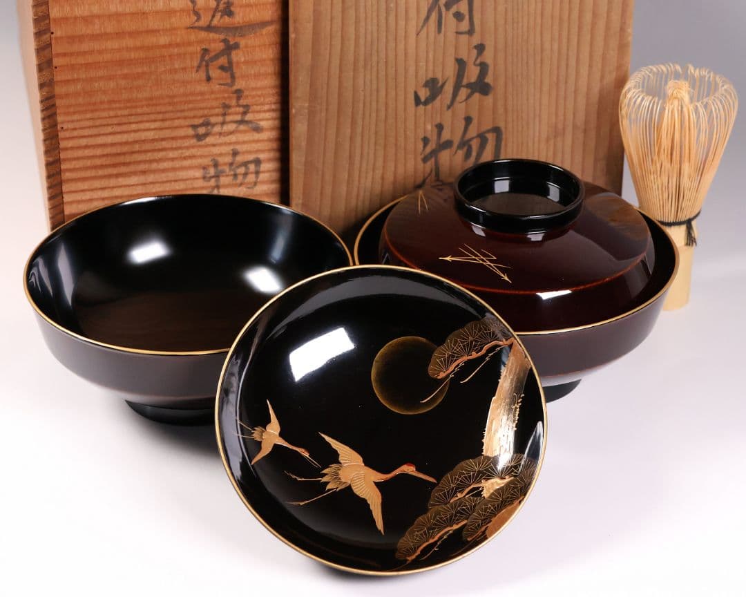 【CM376】大正期 月と松 飛翔鶴 金蒔絵 欅地溜塗 黒塗 椀二客 木製漆器 天然木製漆塗 原叟好 黒銀蒔絵煮物椀 鶴亀松竹梅 - 生活骨董と古布の