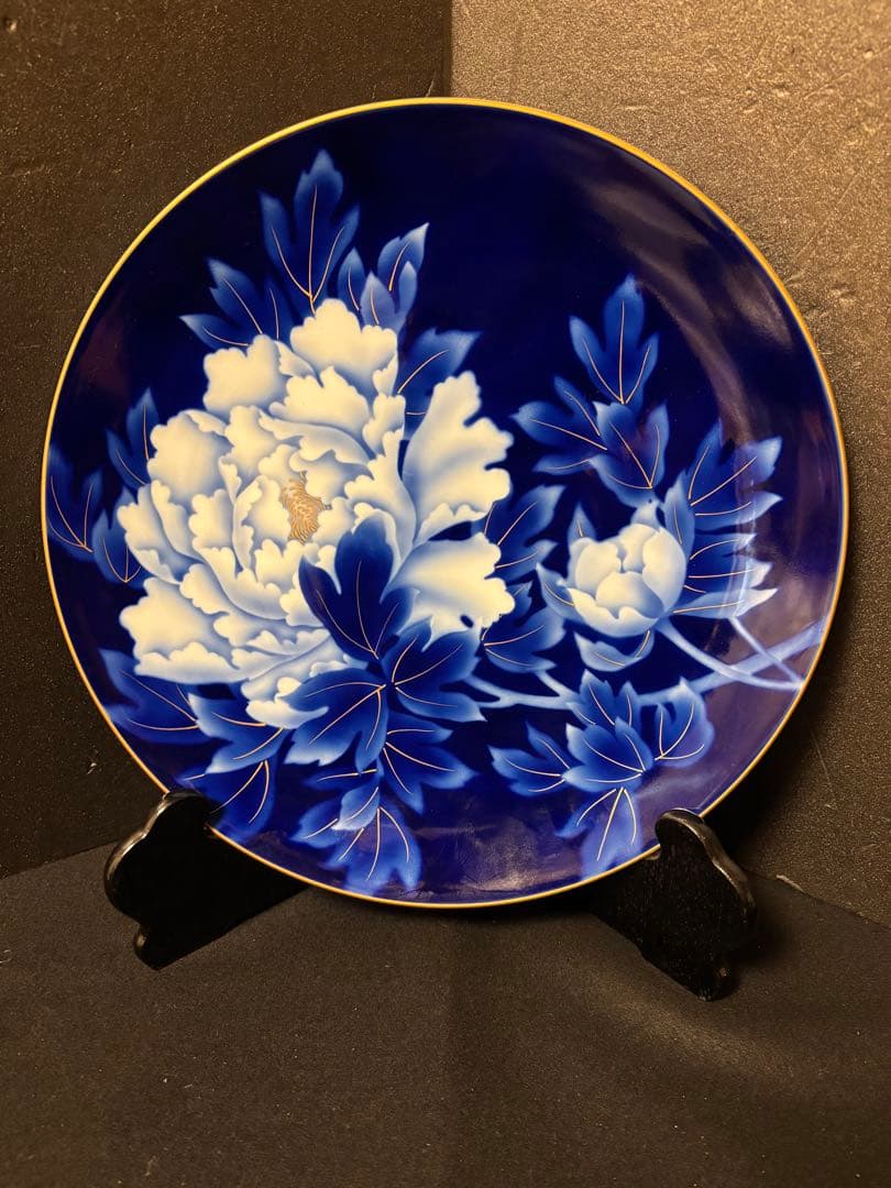 大人気　37.5cm 木箱付き　深川製磁 瑠璃牡丹　大皿 プレート 飾皿　希少