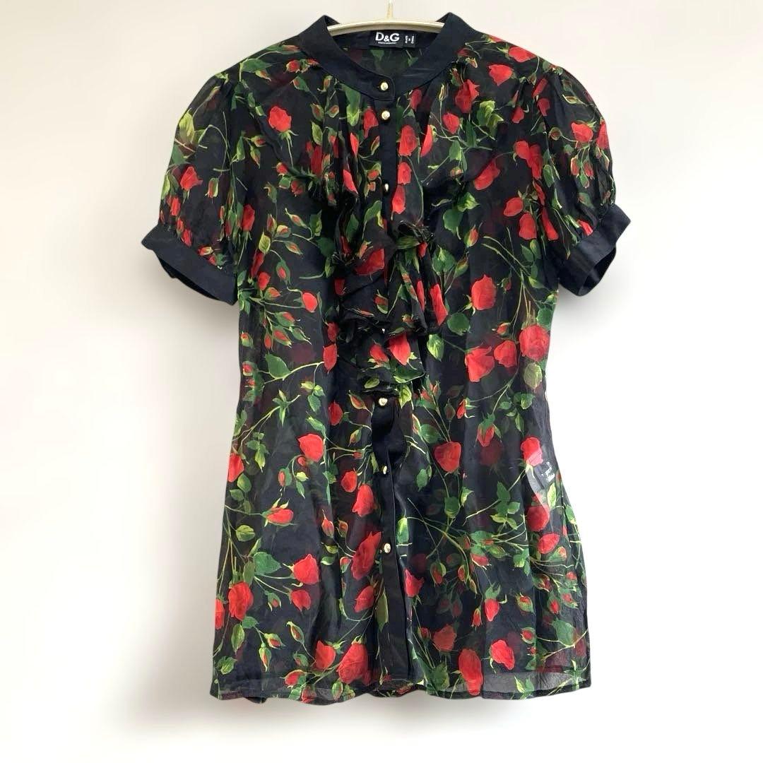 美品 ドルチェ&ガッパーナ フリル シルク ブラウス 薔薇 花柄 36