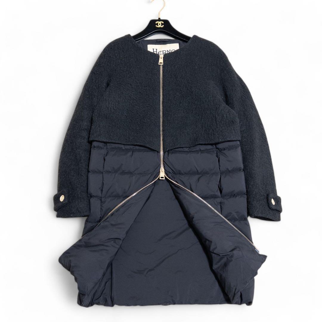 HERNO ノーカラーダウンコートモヘヤ シャギー 異素材 黒 40 楽天市場】ヘルノ ダウン ウール 切り替え レディース HERNO コート