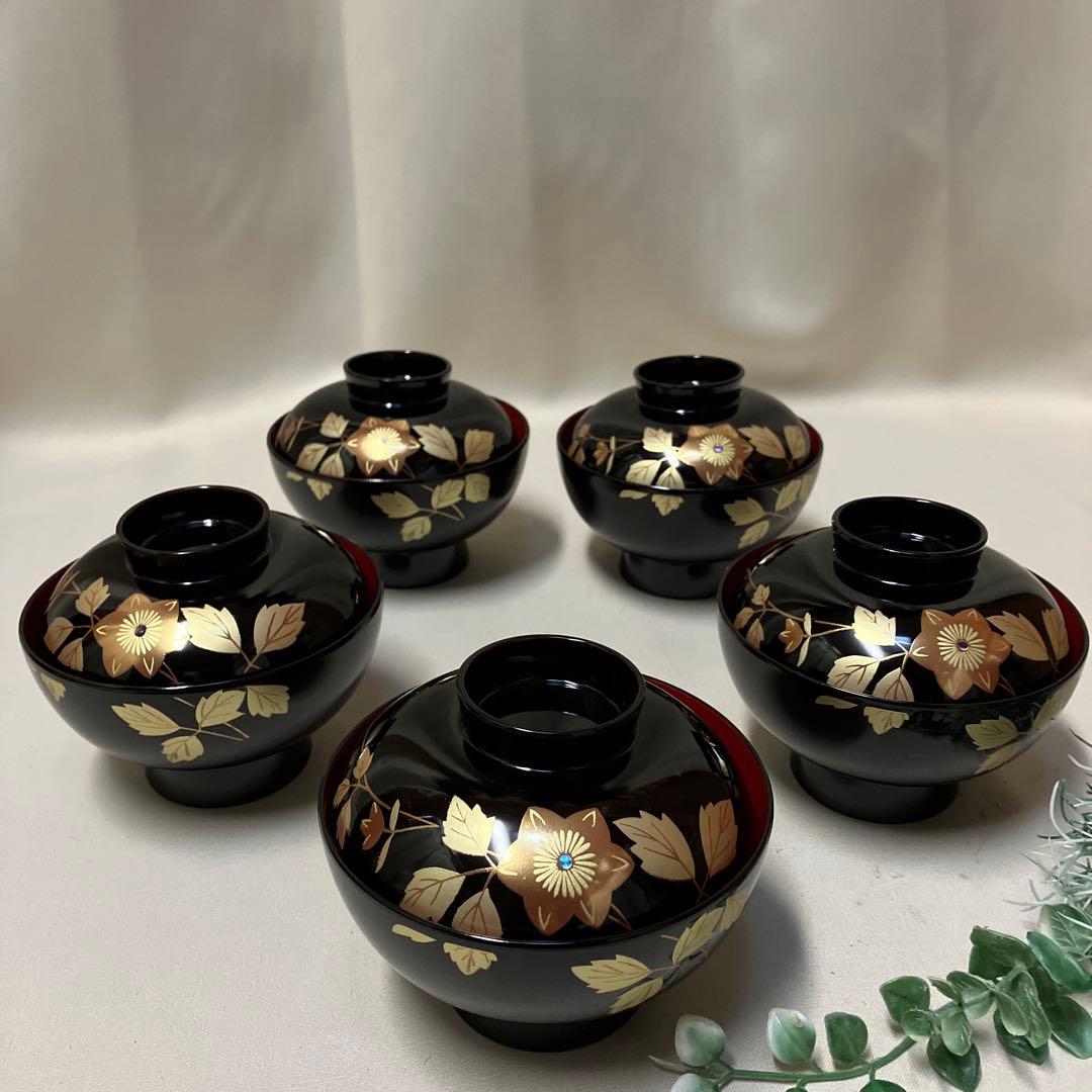 新品 会津塗 蓋つき汁椀 5客 テッセン 蒔絵 会津漆器 蓋付椀 木製漆器