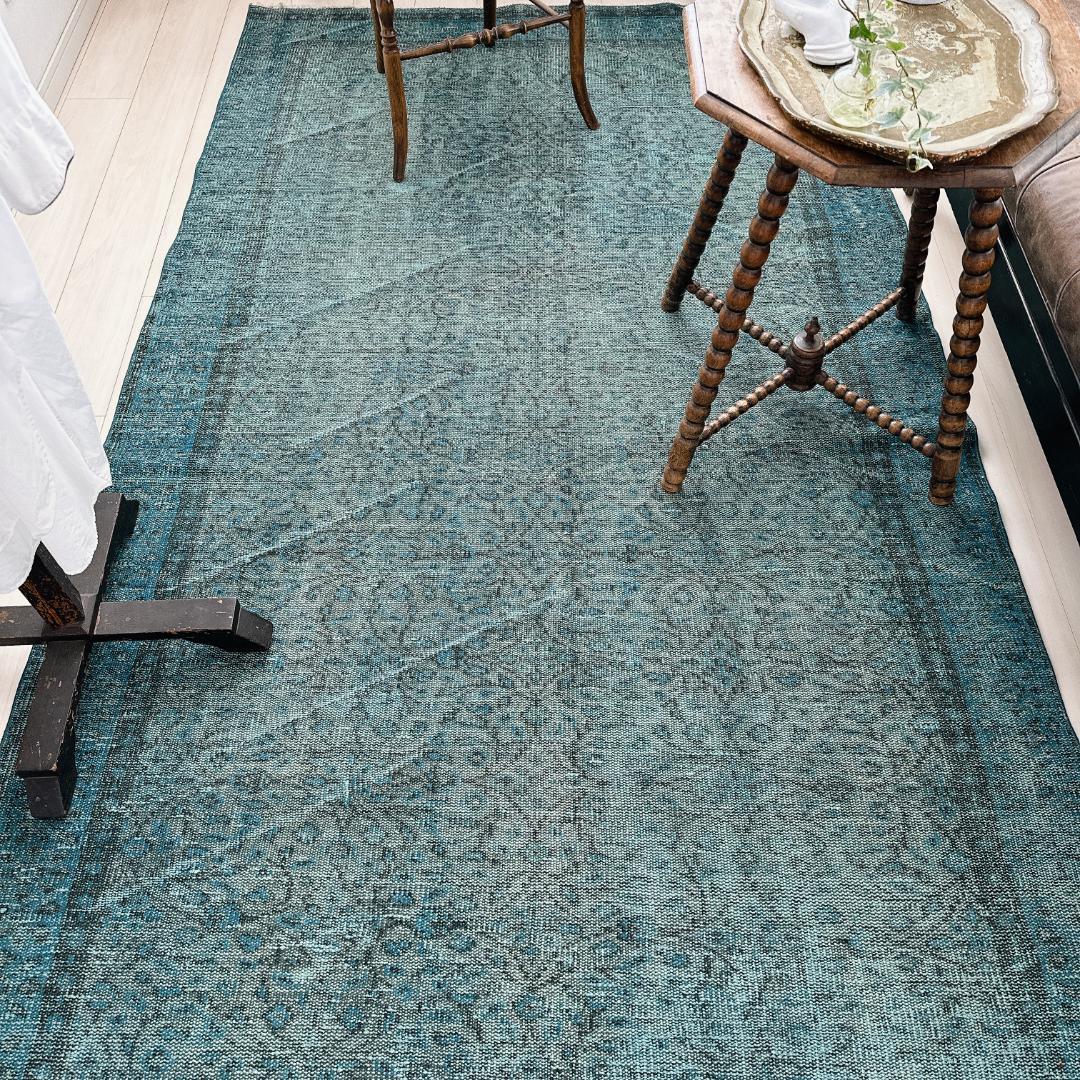 【訳アリ】トルコ ヴィンテージラグA114超大判 ターコイズブルー オーバーダイ オーバーダイド ヴィンテージラグ ターコイズブルー265×175cm トルコ