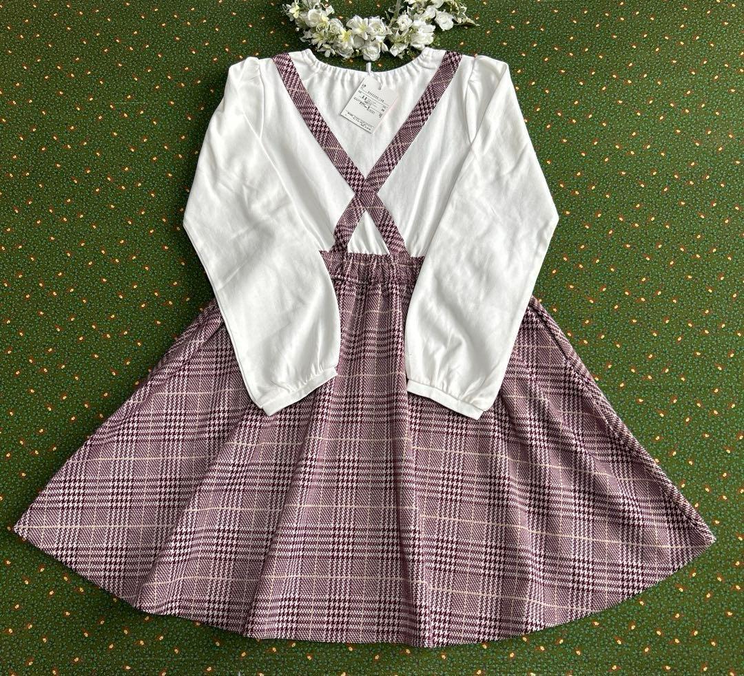 新品 メゾピアノ ドッキング ワンピース くま 長袖 チェック 140