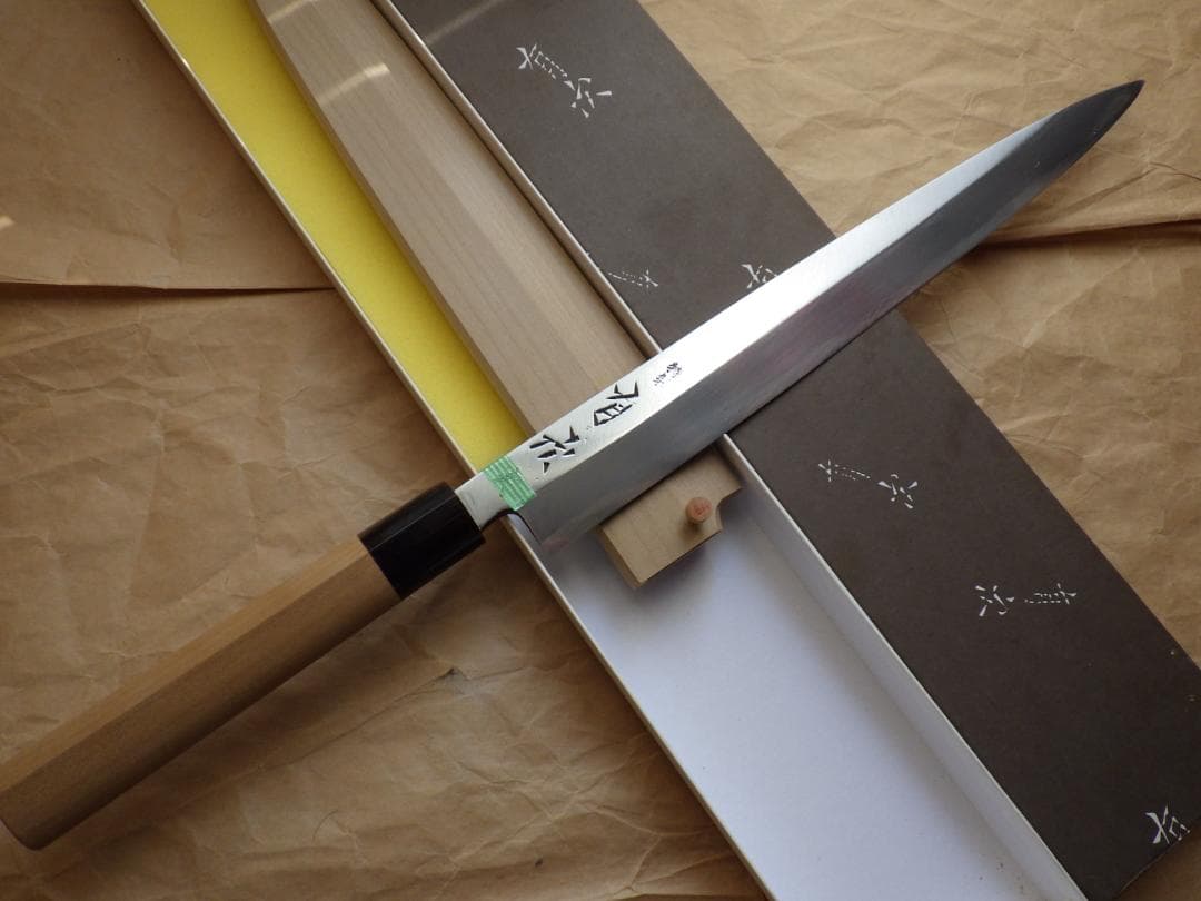京都/有次・特製/柳刃刺身包丁☆黒水牛柄・未使用☆鞘ピン・共箱有り