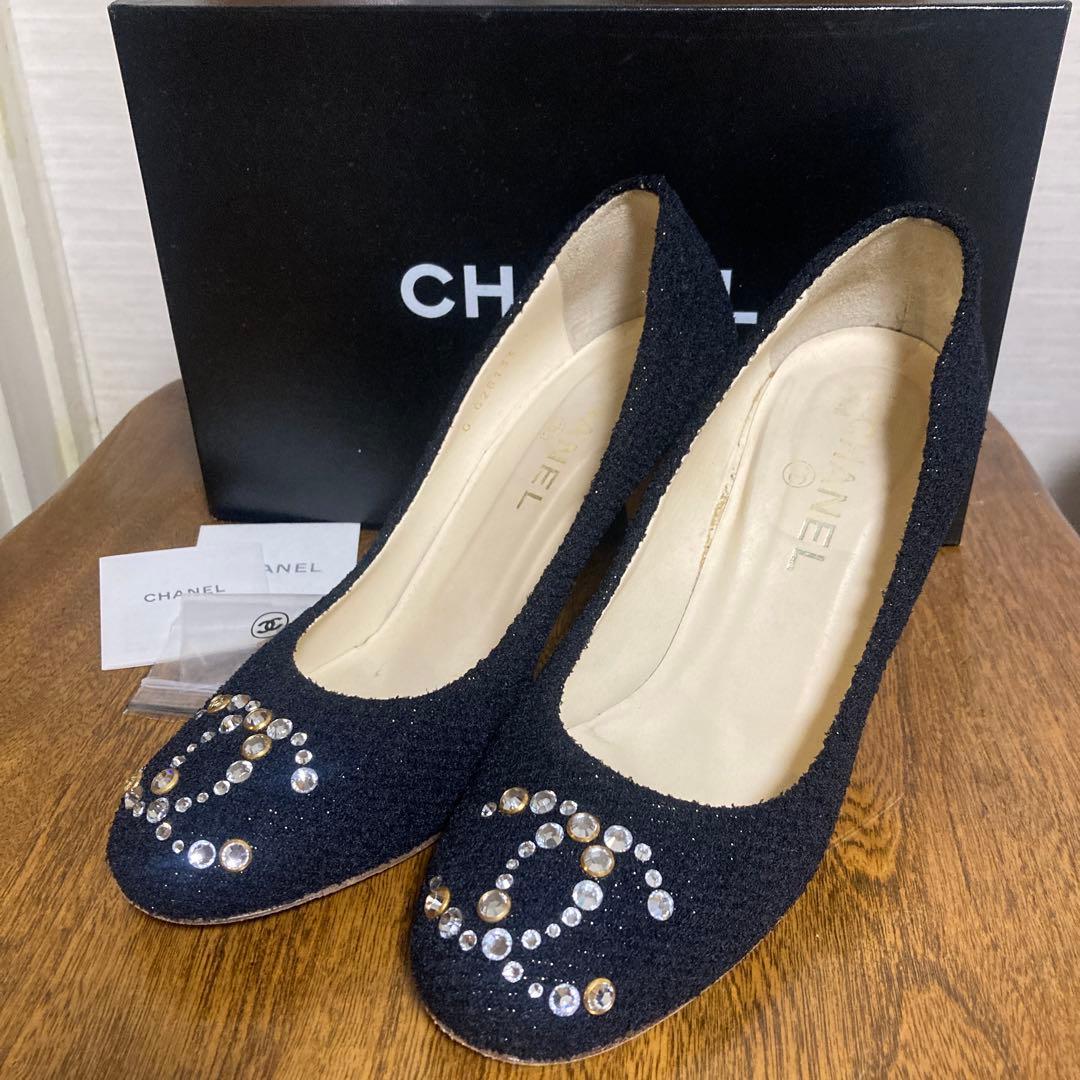 CHANEL パンプス ☆ココマーク ラインストーン、ツィード、38.5サイズ