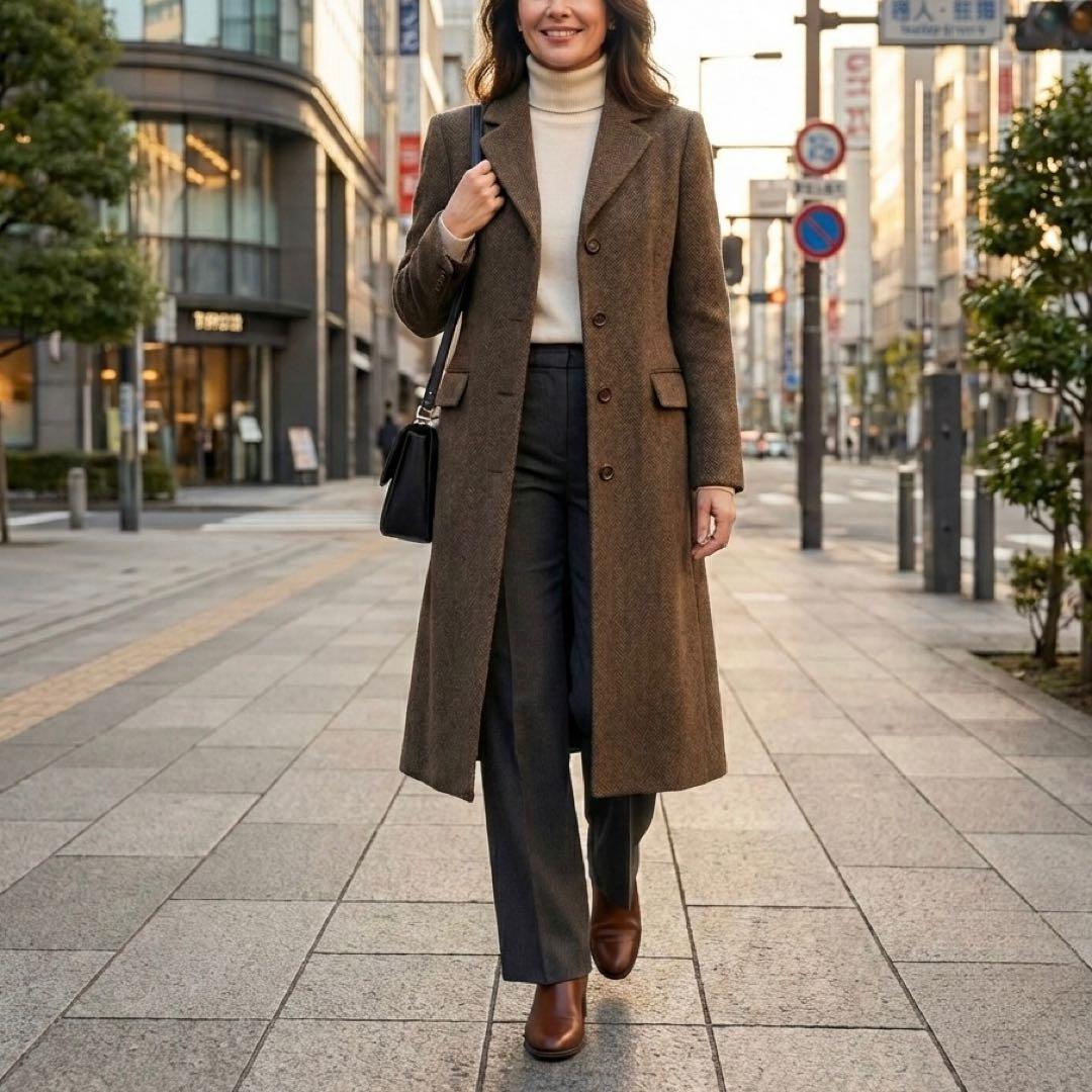 H128*極上カシミヤ☆Aライン☆ヘリンボーン柄☆ロング☆コート